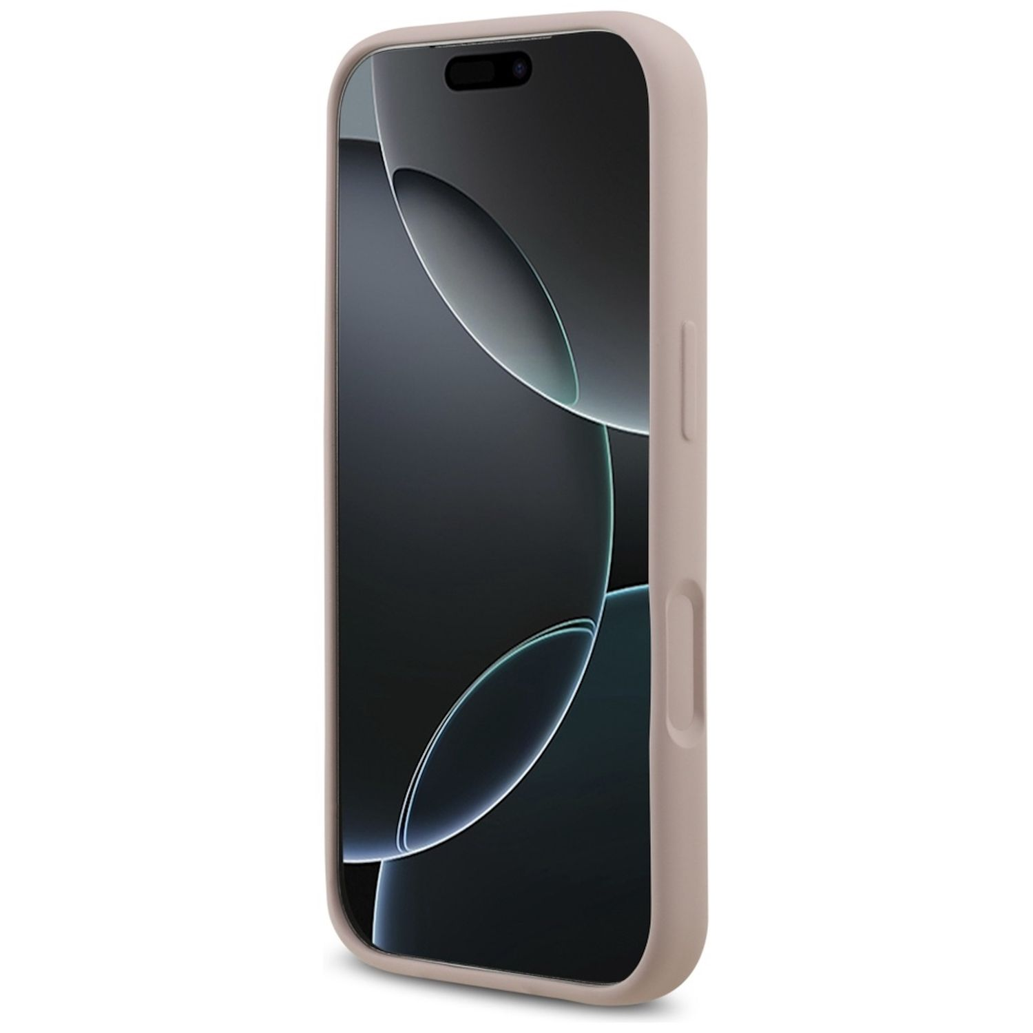 È mostrato uno smartphone in una custodia marrone chiaro. Lo schermo mostra forme astratte. Lo sfondo è bianco. Il telefono è angolato.