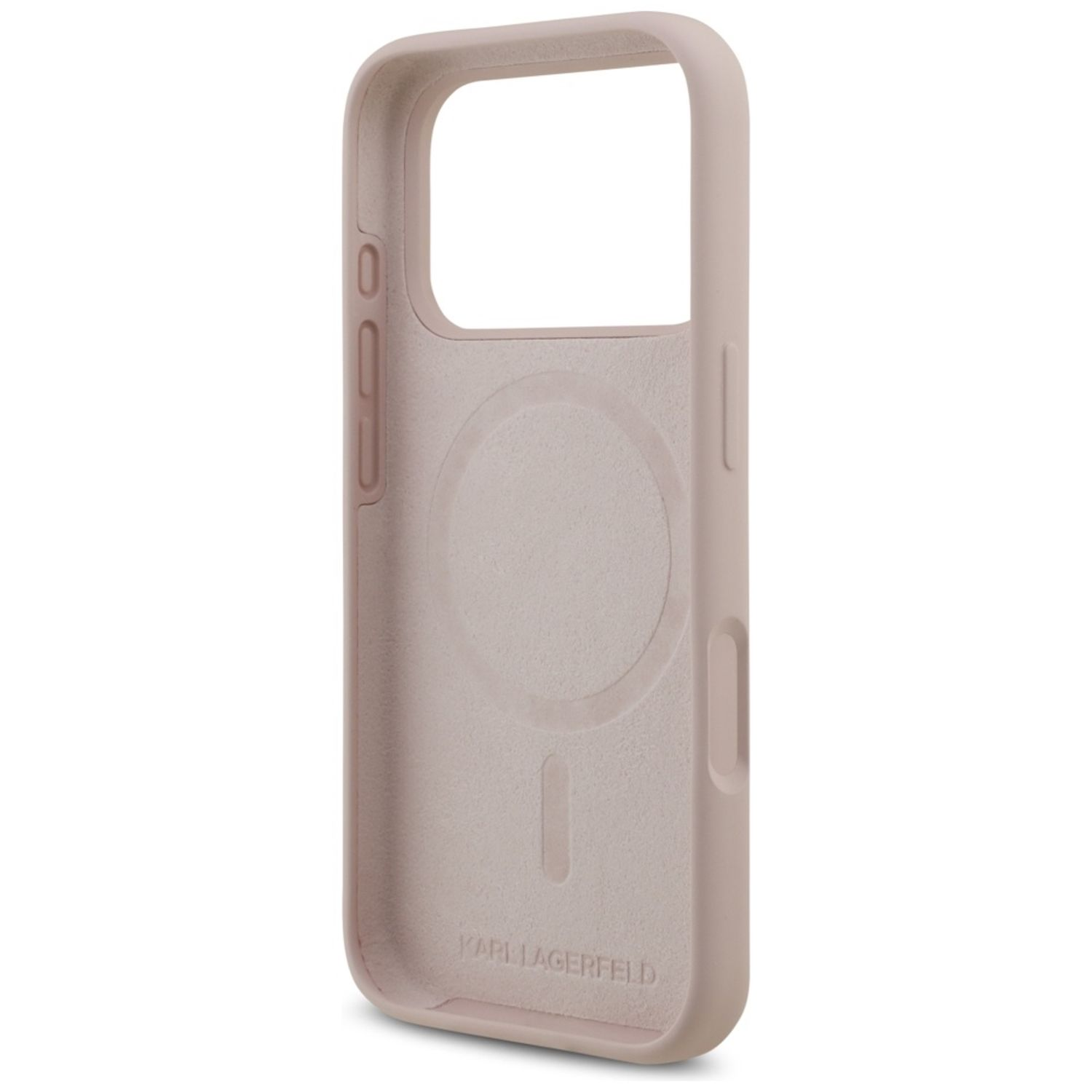 Una custodia per telefono rosa chiaro con ritagli per fotocamera e pulsanti. Il marchio KARL LAGERFELD è in basso.