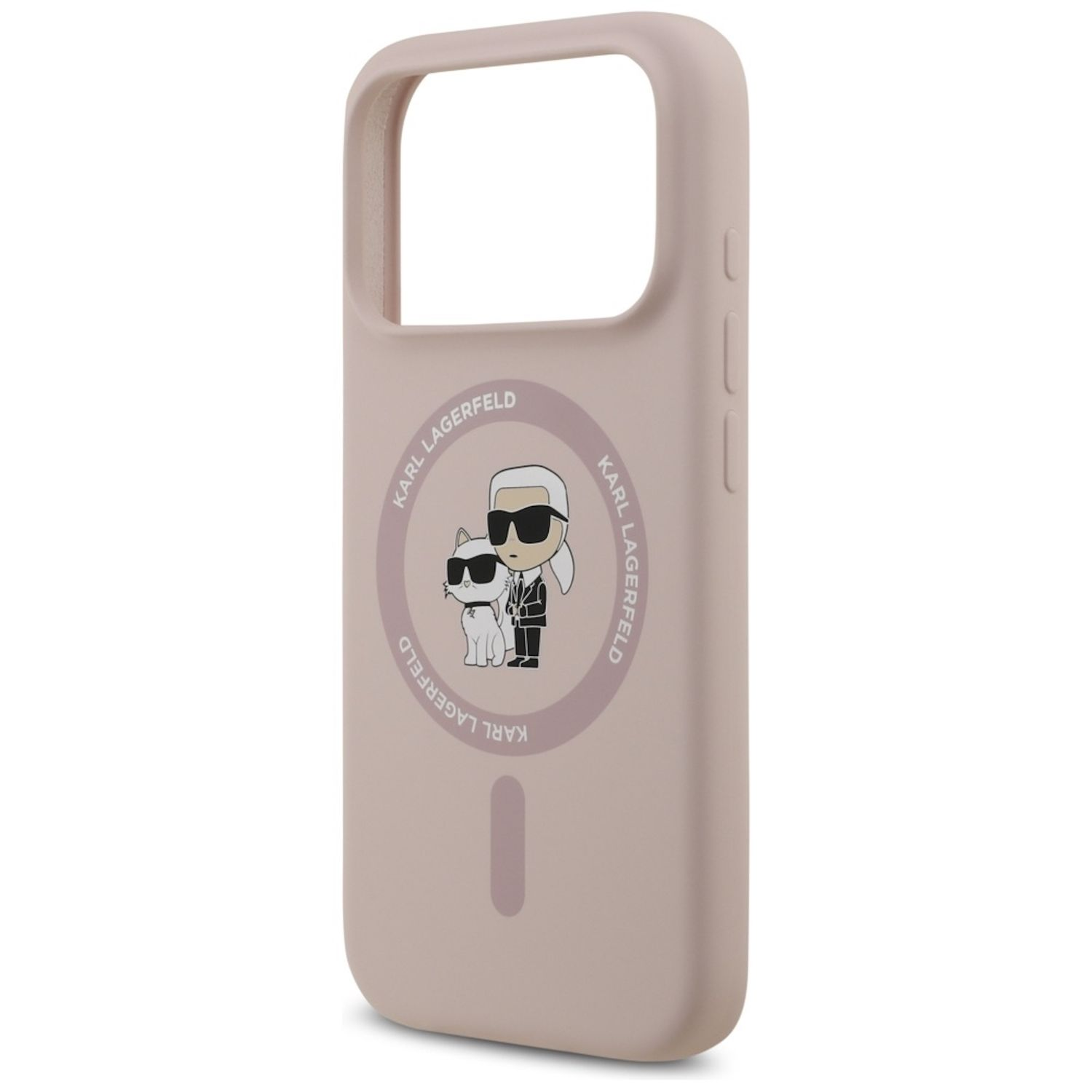 Una custodia per telefono rosa chiaro con il logo Karl Lagerfeld. Il logo include il designer e il gatto. La custodia è per iPhone.