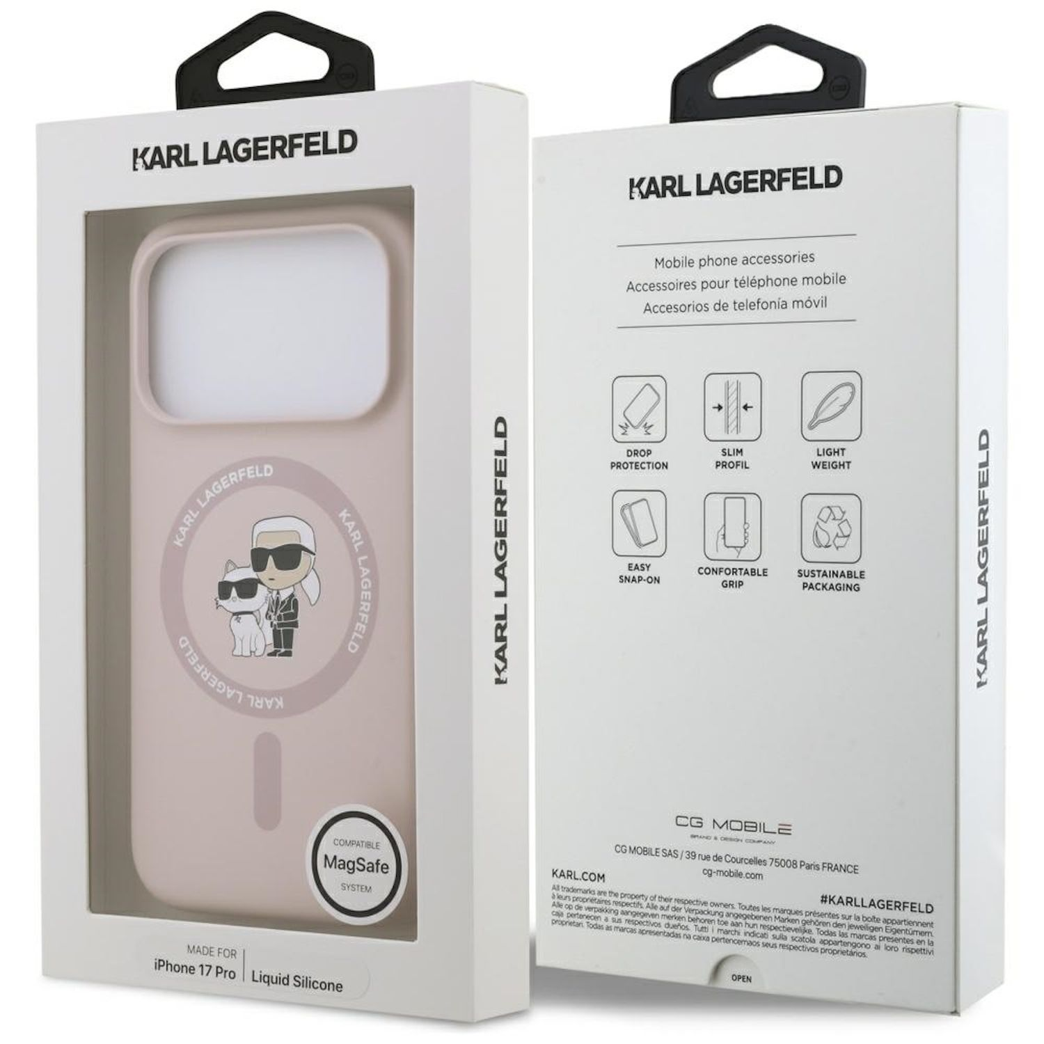 Scatola con custodia Karl Lagerfeld. Caratteristiche MagSafe, protezione dalle cadute, profilo sottile e leggero. Custodia rosa.
