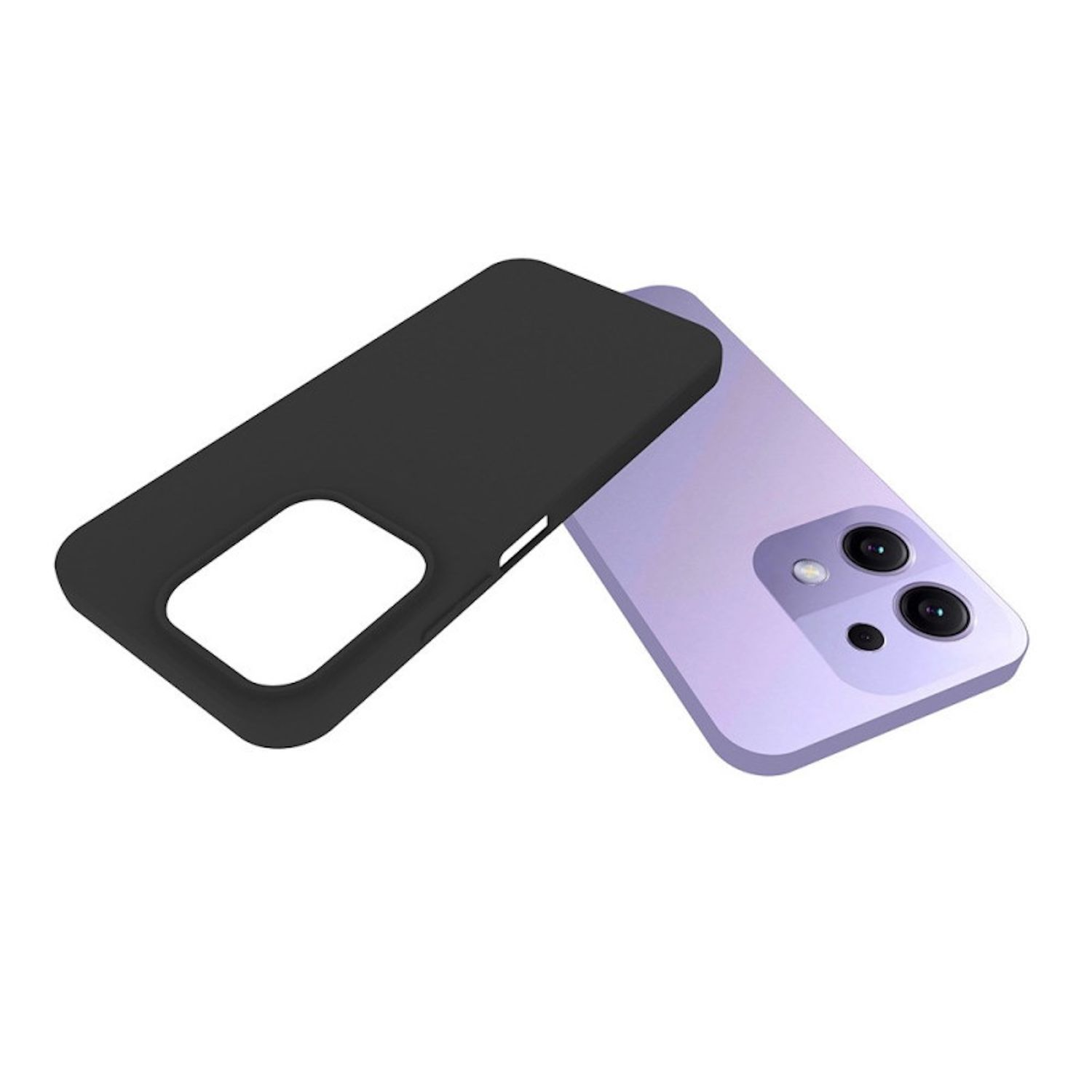 Una funda negra junto a un teléfono morado. La funda está abierta, revelando la cámara y los botones del teléfono.
