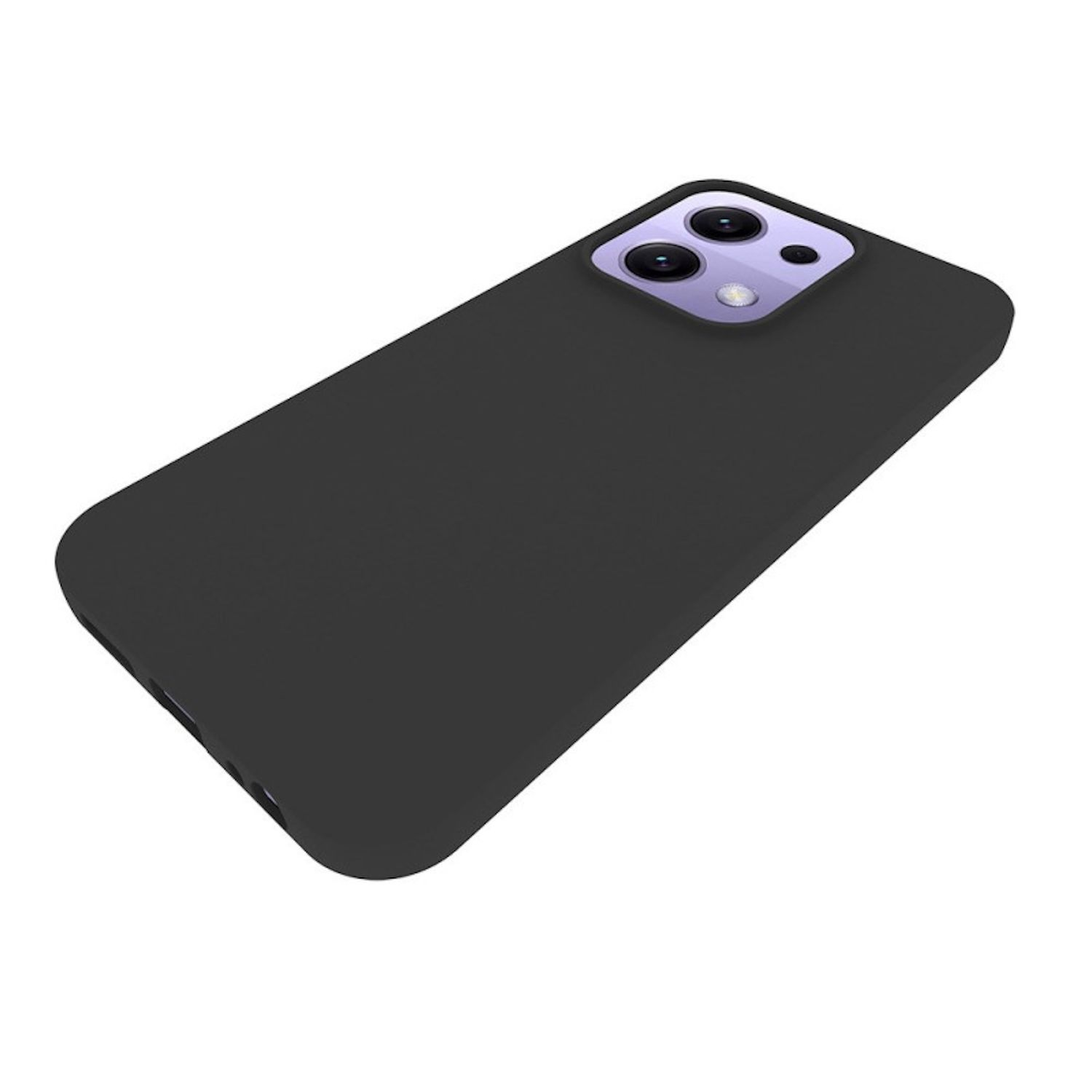 Una funda negra para teléfono con un módulo de cámara púrpura. Está sobre un fondo blanco. La funda tiene recortes para botones y puerto de carga.