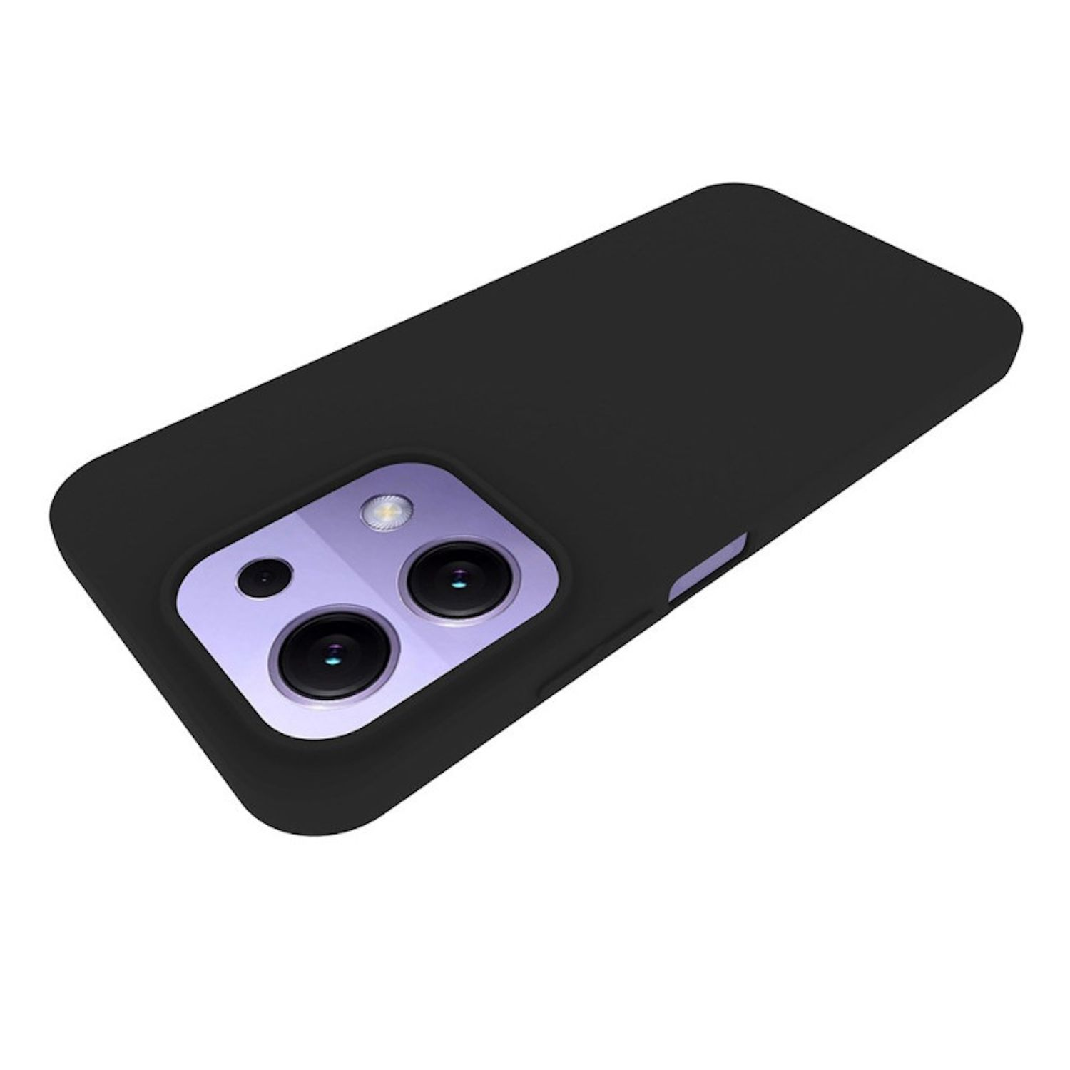 Funda de teléfono negra con recorte para la cámara. La sección de la cámara es morada con dos lentes grandes y una pequeña.