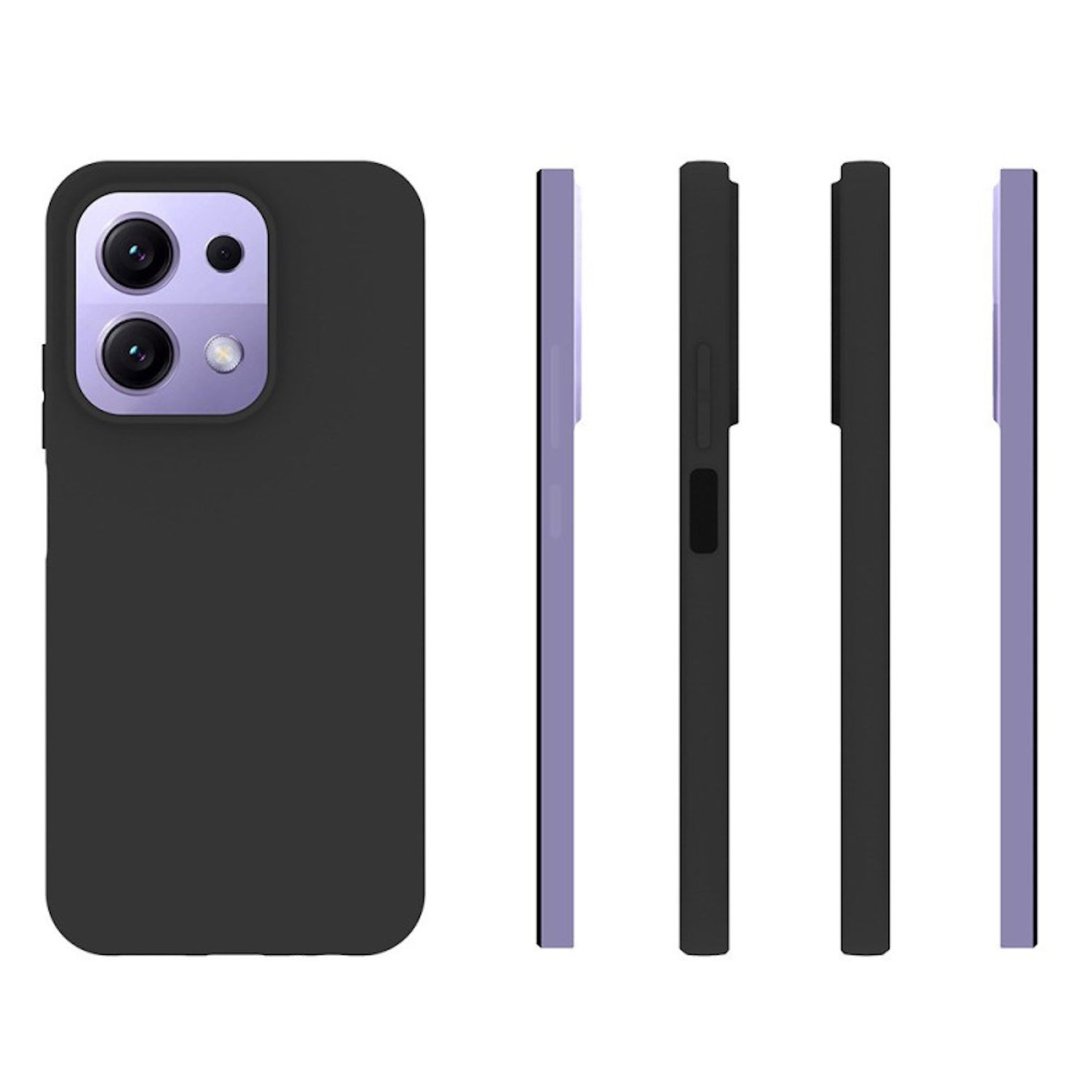 Funda de teléfono negra con módulo de cámara morado y vistas laterales de la funda en negro y morado.