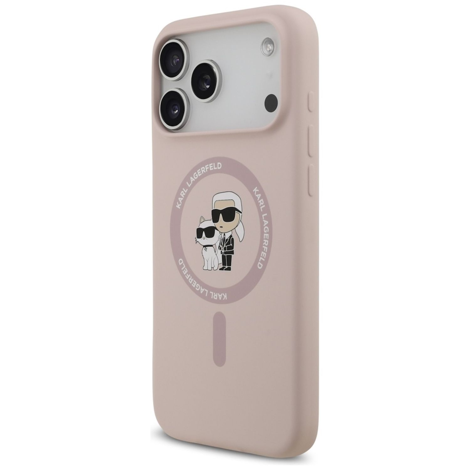 Custodia rosa per telefono con logo Karl Lagerfeld. Illustrazione gatto e designer. Tre fotocamere visibili.