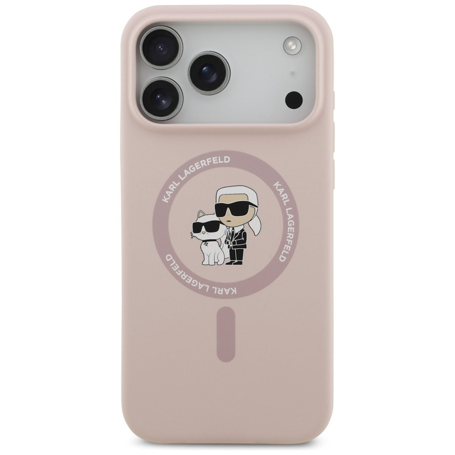 Una custodia rosa per telefono con il logo Karl Lagerfeld. Il logo presenta un gatto e un uomo con occhiali da sole. Il telefono ha più fotocamere.