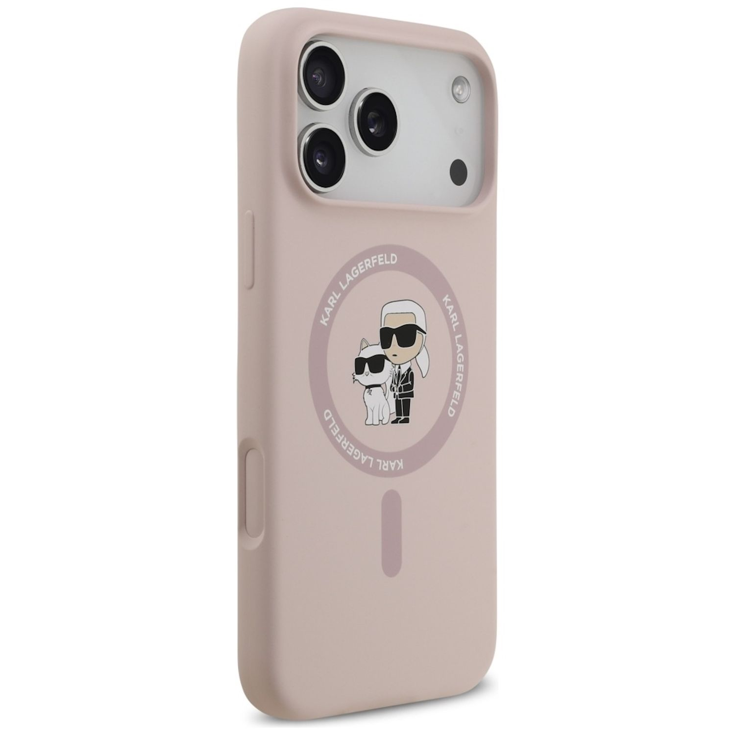 Una custodia per telefono rosa con il logo Karl Lagerfeld, con un cartone animato di Karl e un gatto. La custodia ha ritagli per la fotocamera.