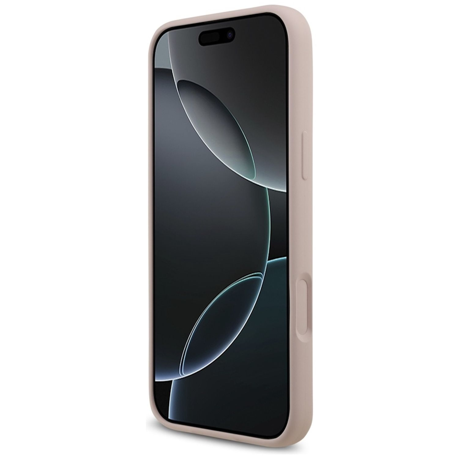 Uno smartphone in una custodia beige è in posizione verticale. Lo schermo è scuro e mostra motivi di luce curva. La custodia ha pulsanti laterali.