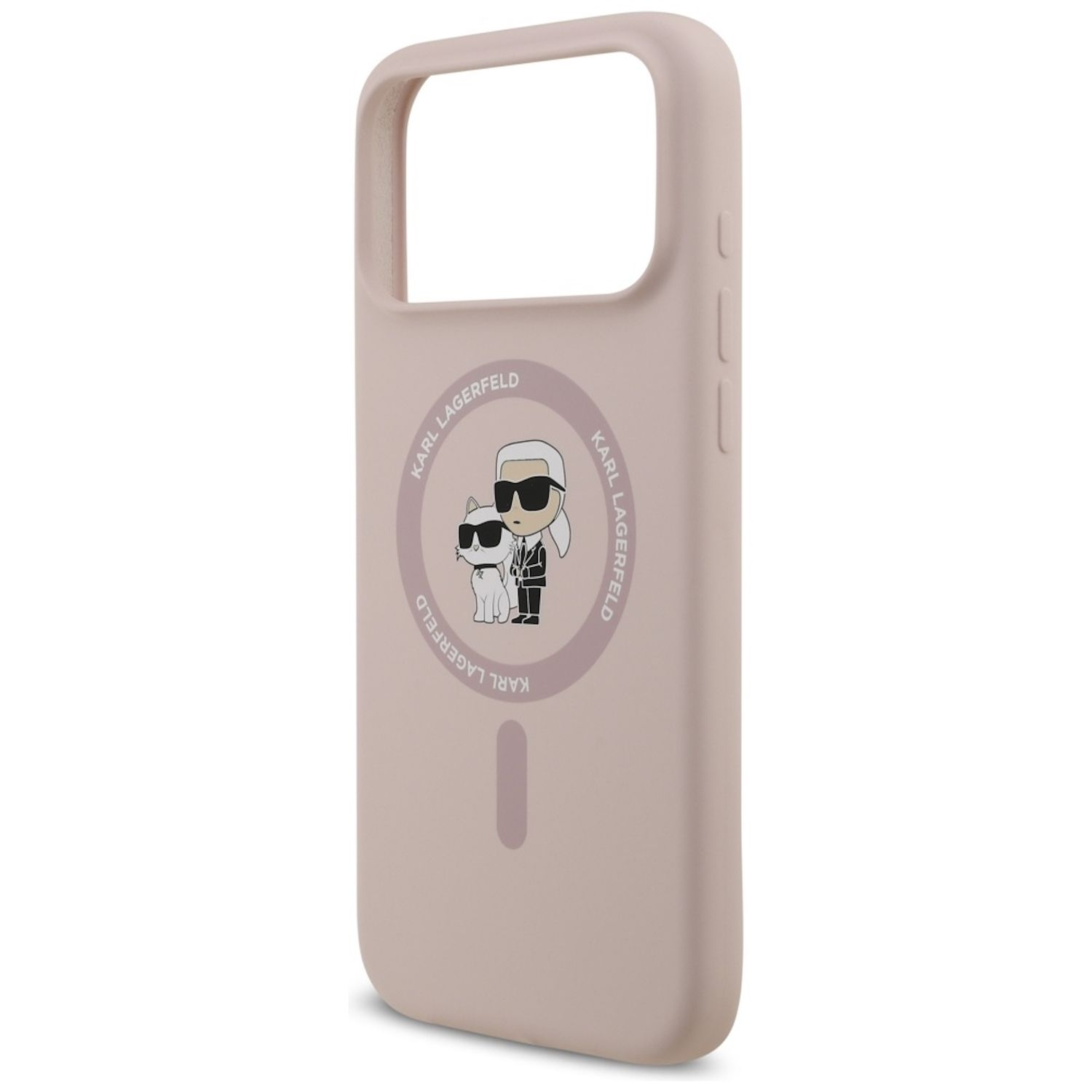 Una custodia per telefono rosa chiaro. Ha un logo circolare Karl Lagerfeld con un gatto e Karl con occhiali da sole. La custodia è liscia.