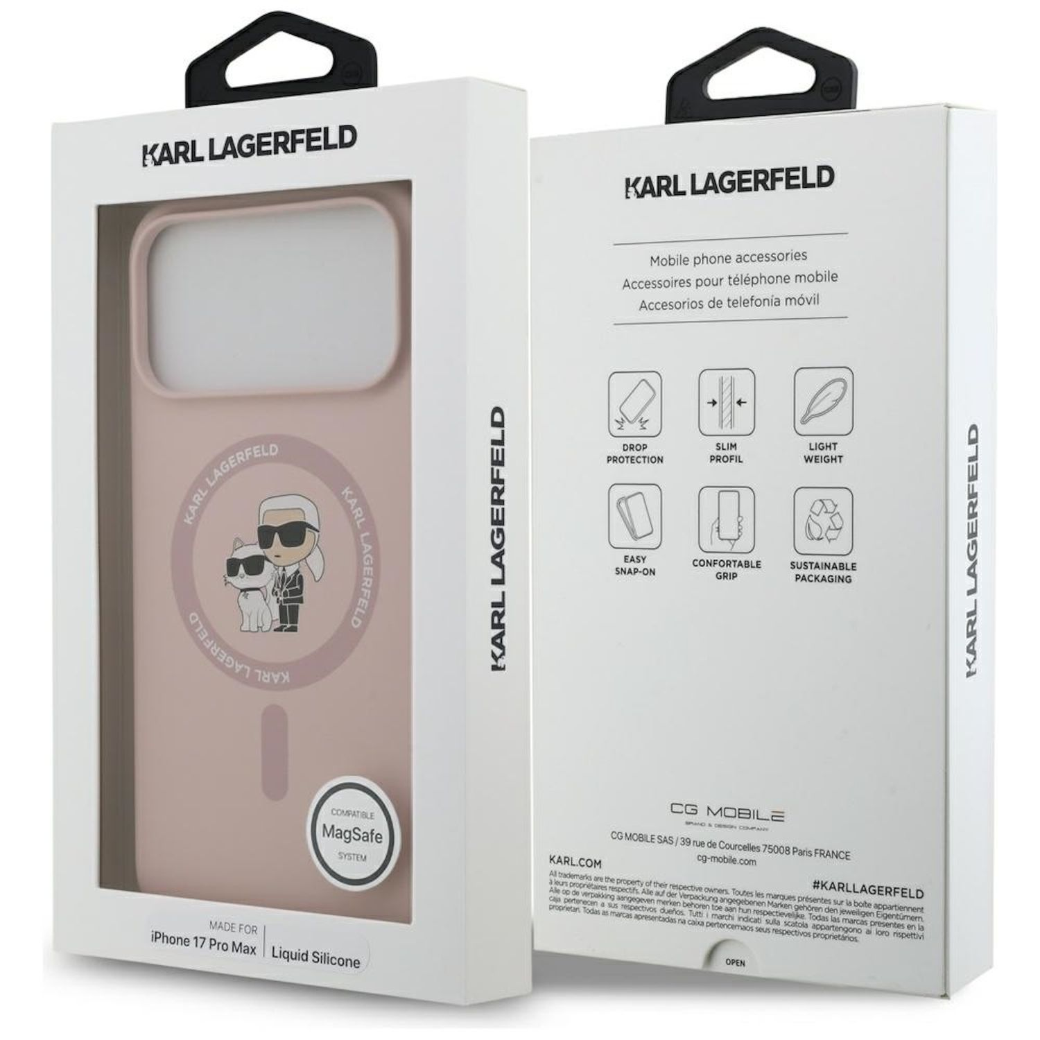 Una scatola per custodia per telefono con una custodia rosa all'interno. La scatola ha il logo Karl Lagerfeld e il sistema MagSafe.
