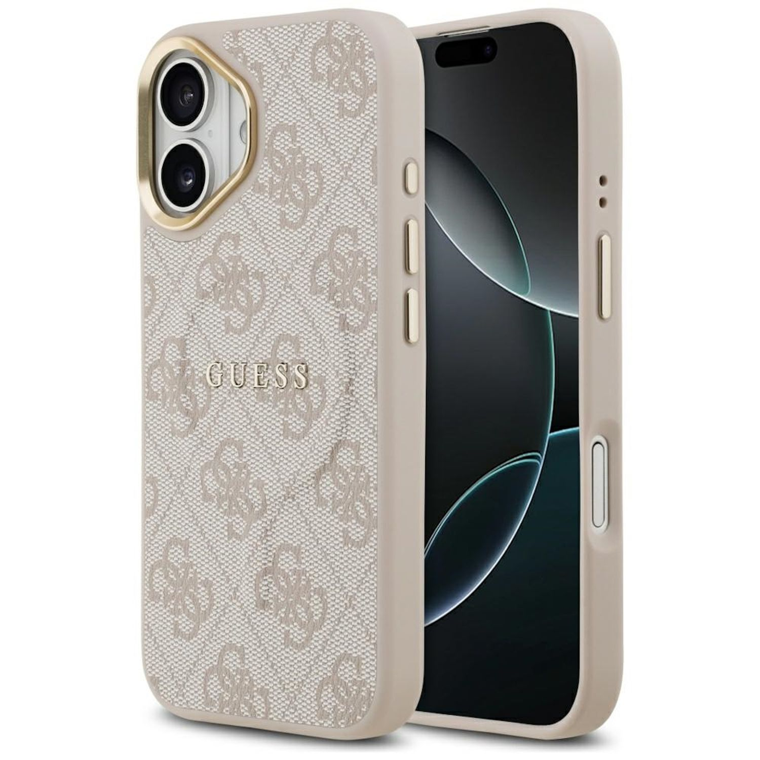 iPhone in einer Guess-Hülle. Die Hülle ist beige mit Muster und goldenen Akzenten. Der Bildschirm des Telefons ist schwarz.