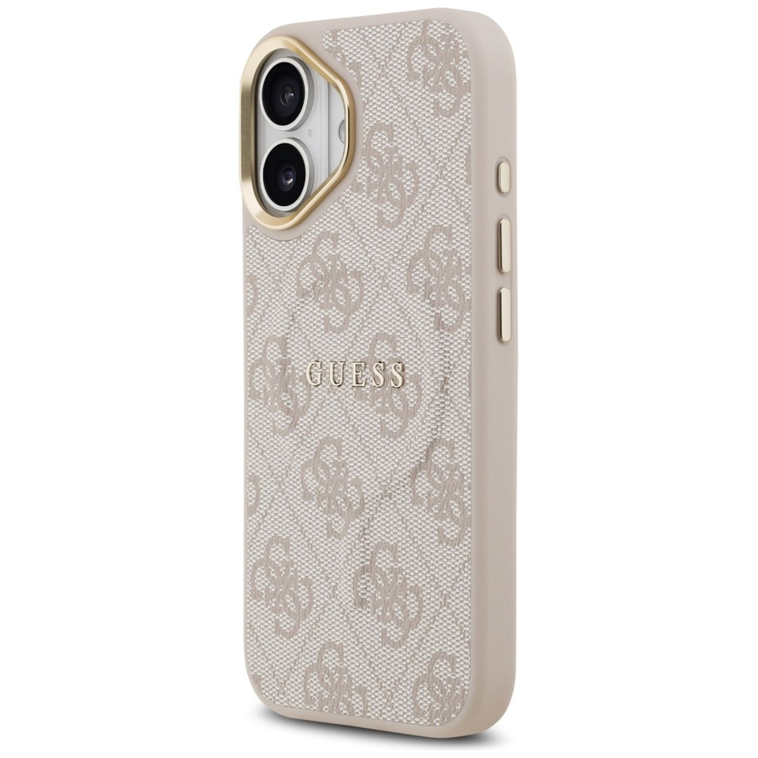 Eine beige Handyhülle mit dem Guess-Logo. Die Hülle hat ein gemustertes Design und goldfarbene Akzente um Kamera und Knöpfe.