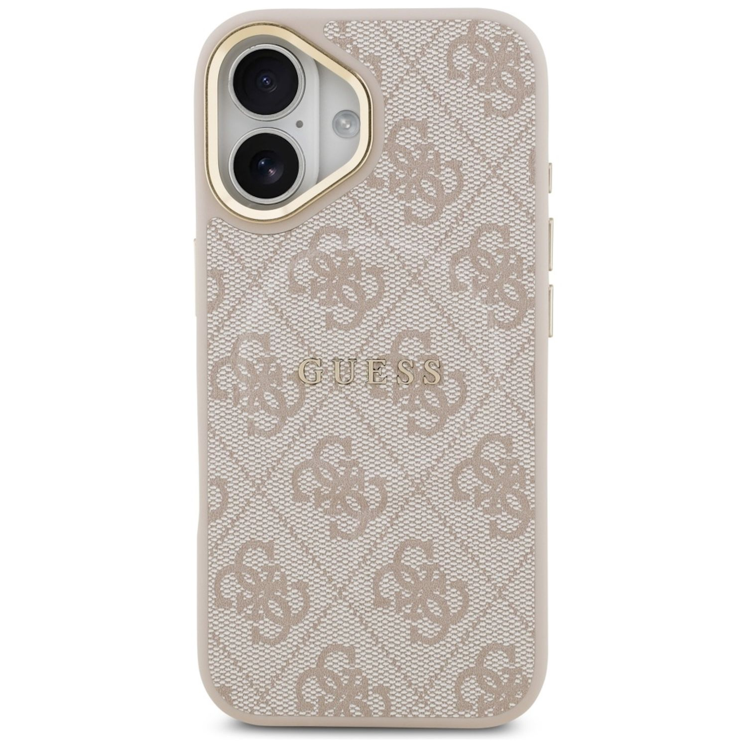 Eine beige Guess-Handyhülle. Sie hat ein Muster, das Guess-Logo und einen Kameraausschnitt. Die Hülle liegt auf weißem Untergrund.