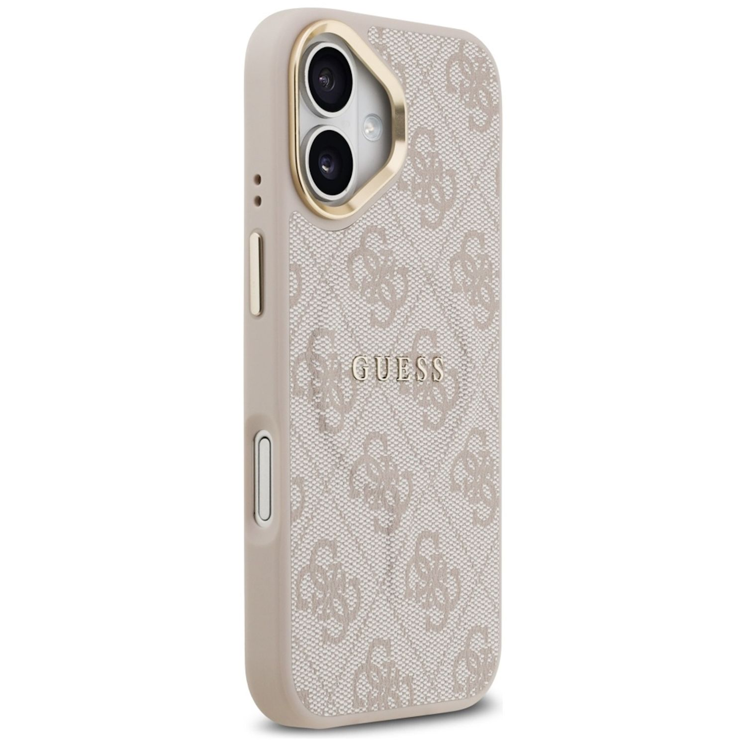 Eine Guess-Handyhülle. Sie ist beige mit dem Guess-Logo-Muster. Goldakzente um die Kamera und das Logo.