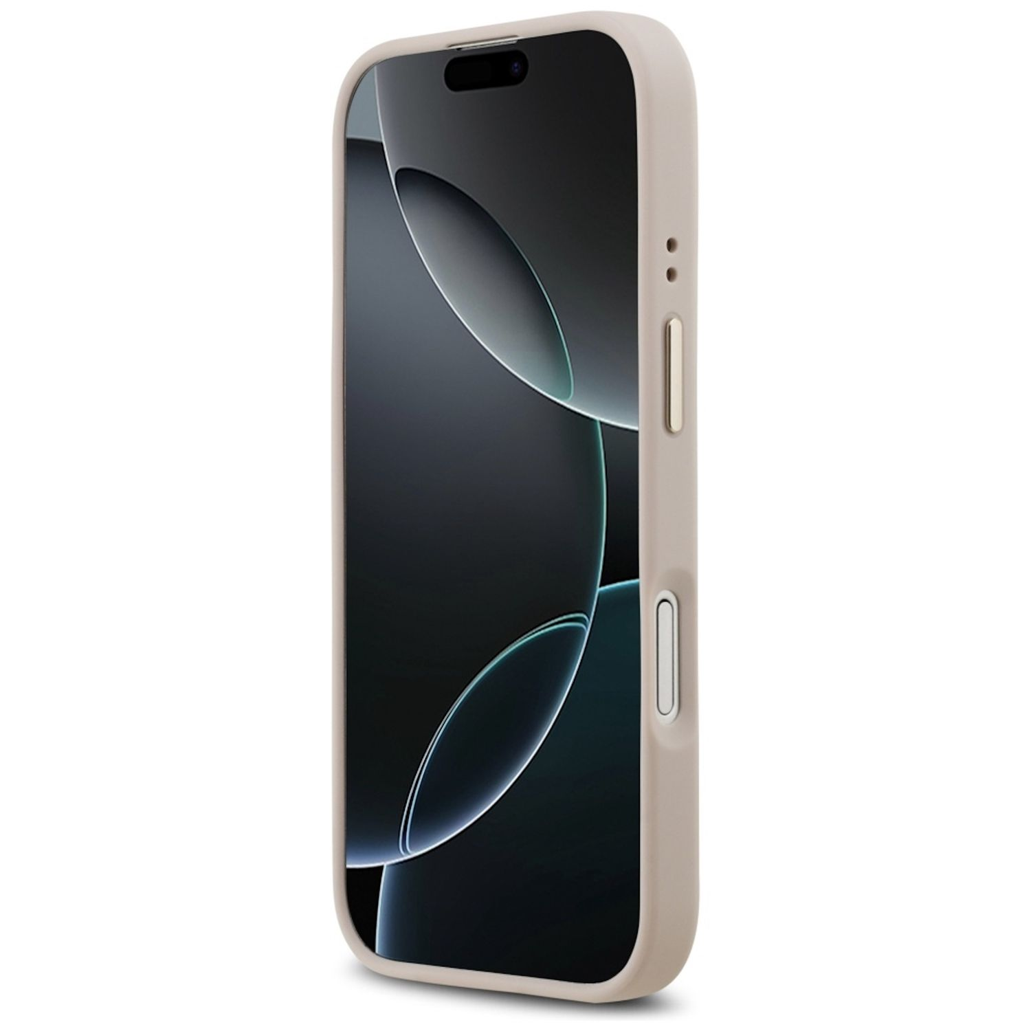 Eine beige Handyhülle mit einem Telefon darin. Der Bildschirm des Telefons zeigt ein dunkles, abstraktes Design. Die Hülle hat Knöpfe an der Seite.
