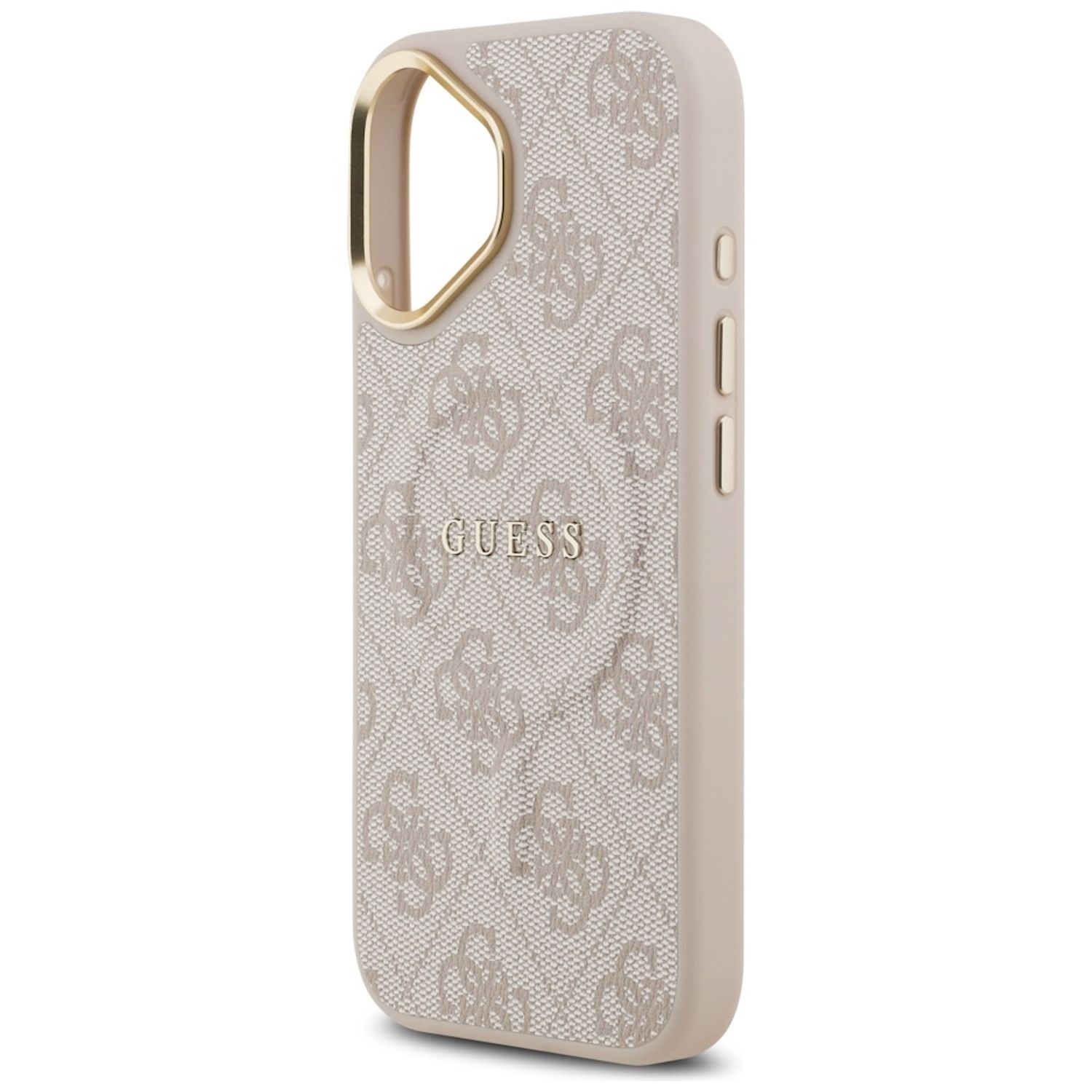 Eine beige Guess-Handyhülle mit Logomuster und goldenen Akzenten. Sie hat einen Kameraausschnitt und Knöpfe an der Seite.