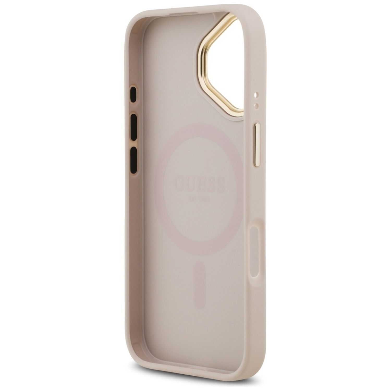 Eine beige Handyhülle mit goldenem Kameraring. Sie hat ein 'GUESS'-Logo und ein rosa kreisförmiges Design.
