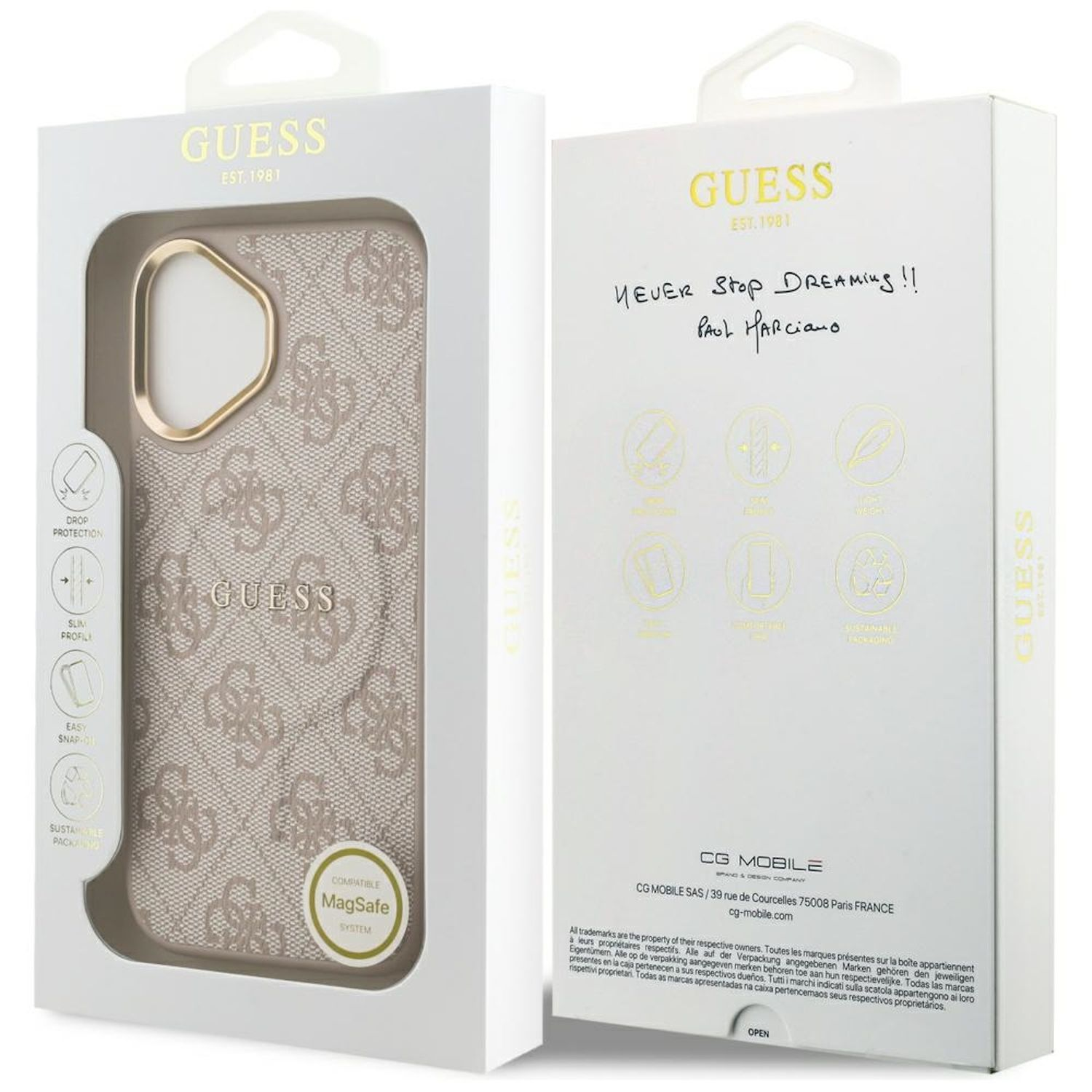 Eine Guess-Handyhülle in ihrer Schachtel. Die Schachtel ist weiß mit goldenen Buchstaben, das Gehäuse hat ein sich wiederholendes Guess-Logo-Muster.