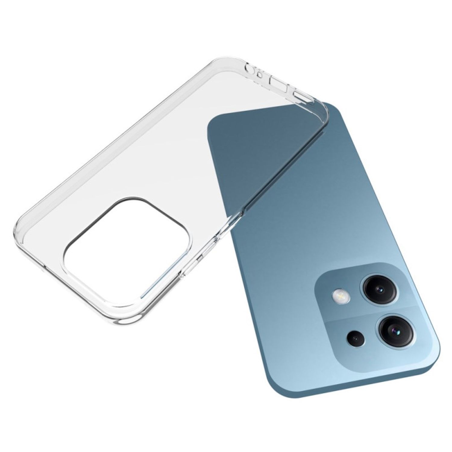 Ein blaues Smartphone mit einer durchsichtigen Hülle daneben. Das Telefon hat mehrere Kameras. Die Hülle ist teilweise auf dem Telefon.