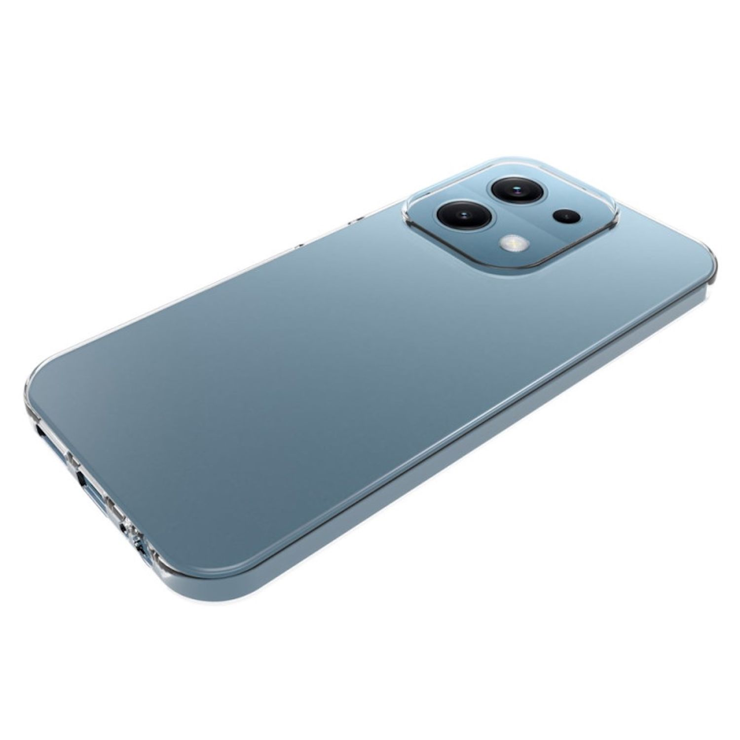 Ein blaues Smartphone mit einer transparenten Hülle. Das Kameramodul hat drei Linsen. Das Telefon ist auf einer weißen Oberfläche abgewinkelt.
