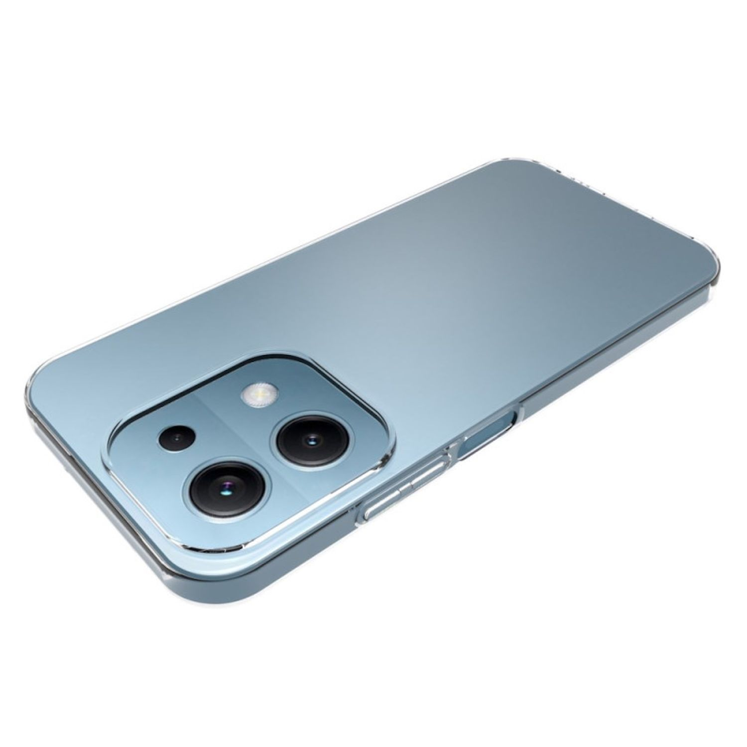 Ein hellblaues Telefon mit drei Kameralinsen und einem Blitz vor weißem Hintergrund.