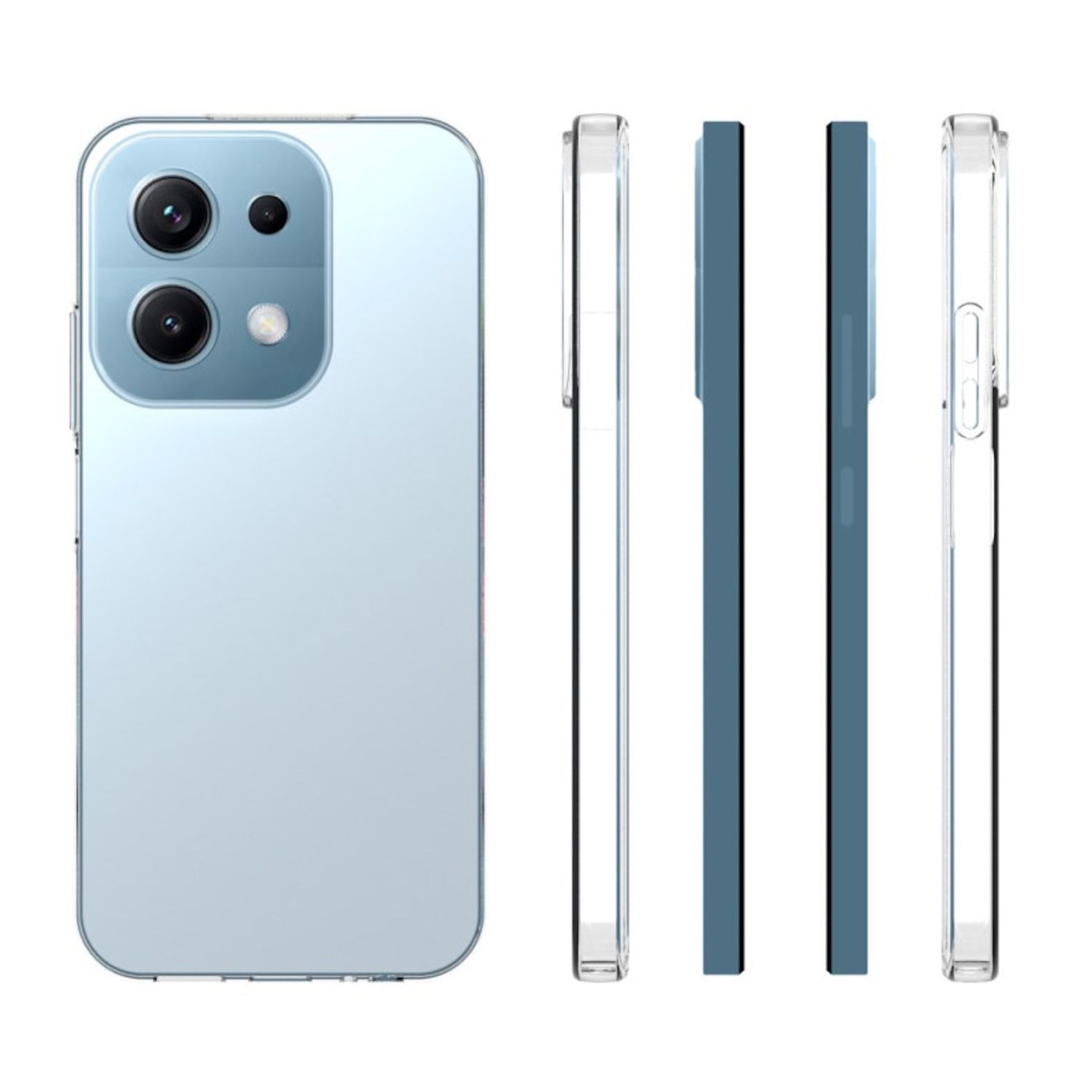 Ein hellblaues Smartphone und mehrere transparente Handyhüllen auf weißem Hintergrund. Verschiedene Winkel werden gezeigt.