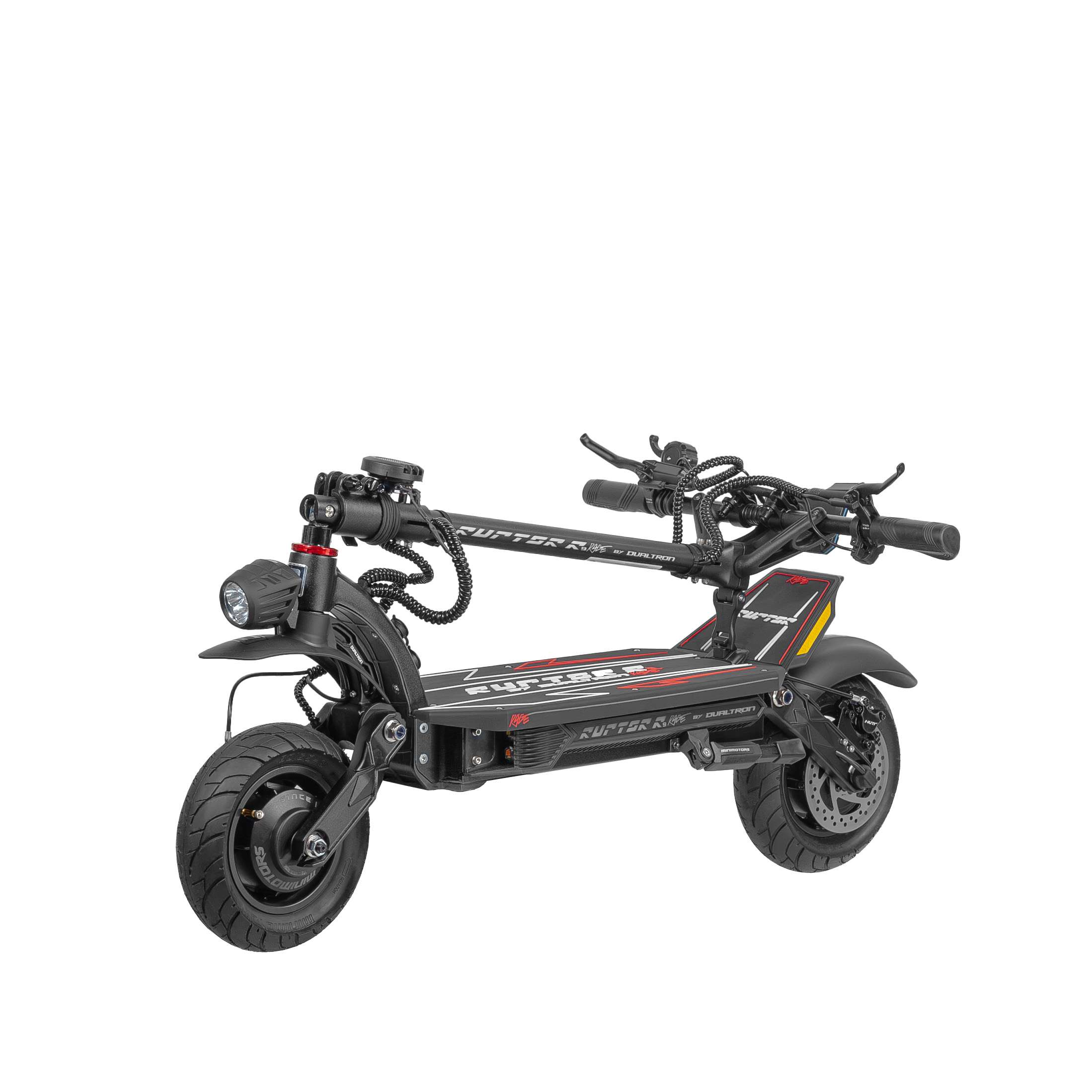 Czarna hulajnoga elektryczna z czerwonymi akcentami, przednim światłem i dwoma kołami. Widoczna nazwa marki.