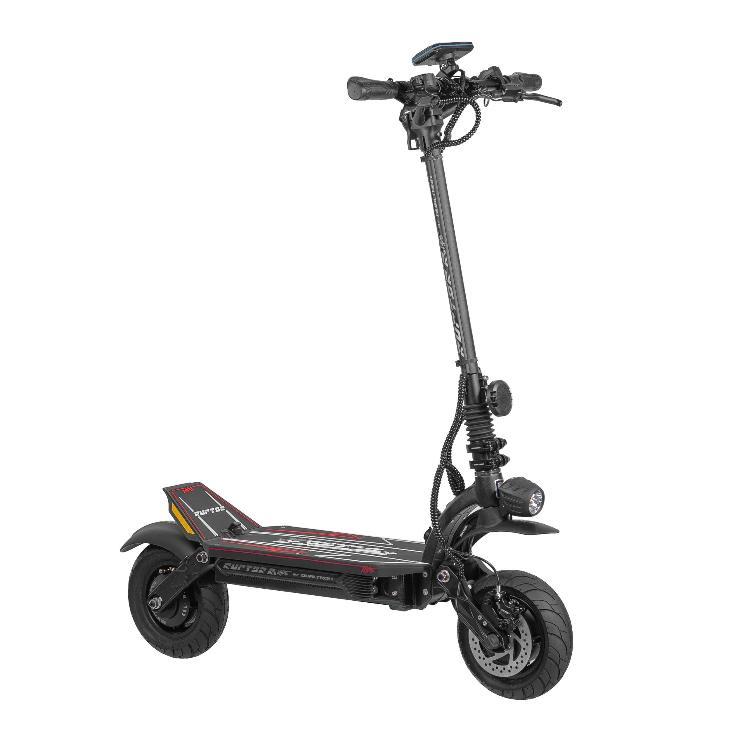 Czarna hulajnoga elektryczna z reflektorem, dwoma kołami i platformą. Widoczna nazwa marki i modelu.