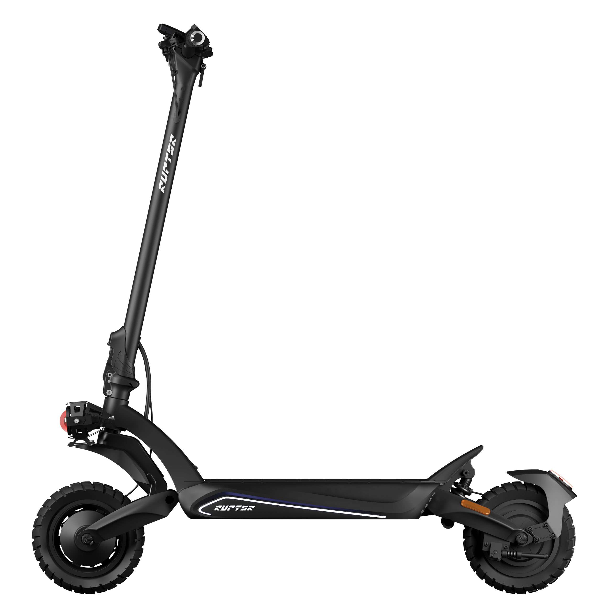 Czarna hulajnoga elektryczna na białym tle. Ma duże koła, kierownicę i widoczne słowo 'RUTTER'.