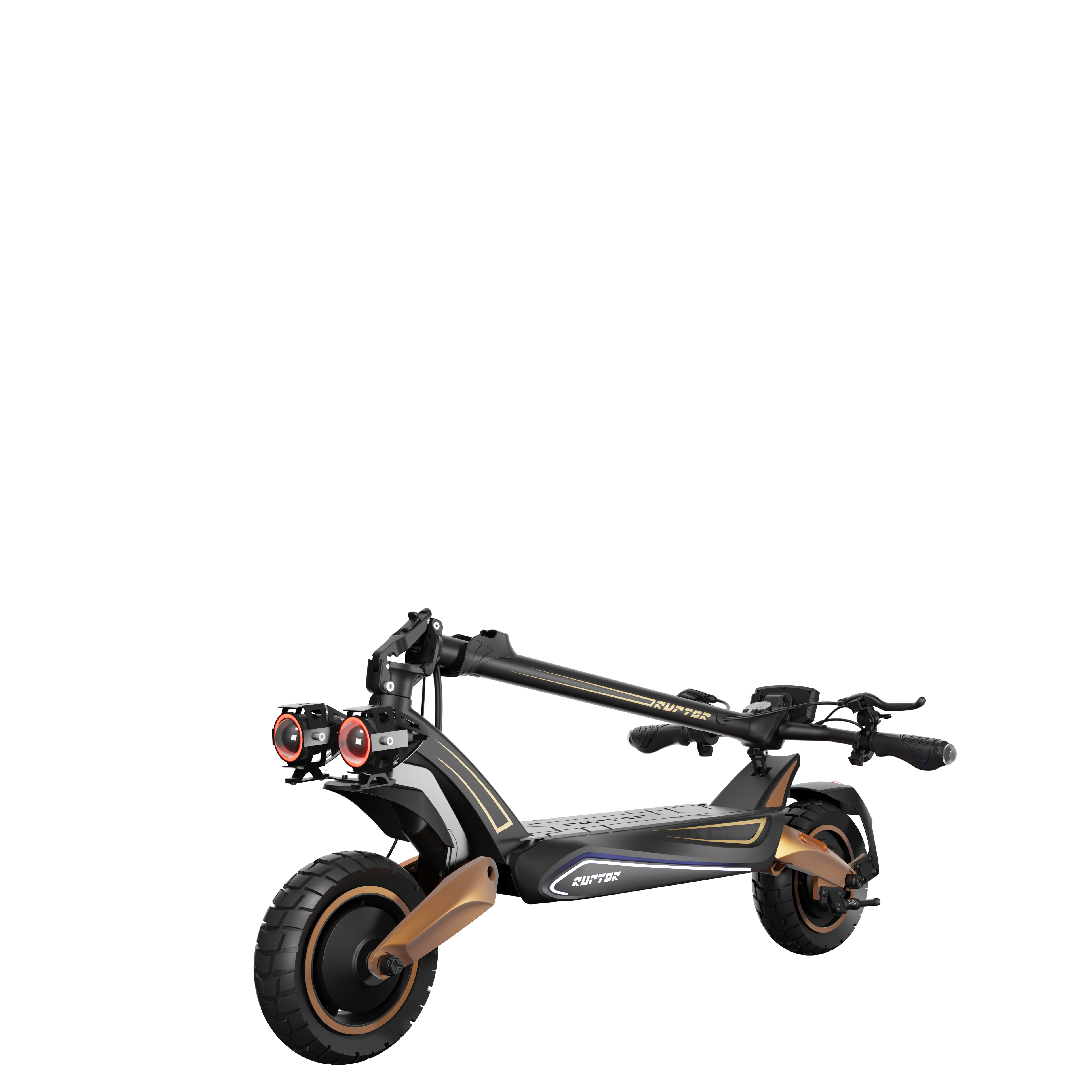Czarno-złota hulajnoga elektryczna na czarnym tle. Posiada reflektory, kierownicę i duże koła.