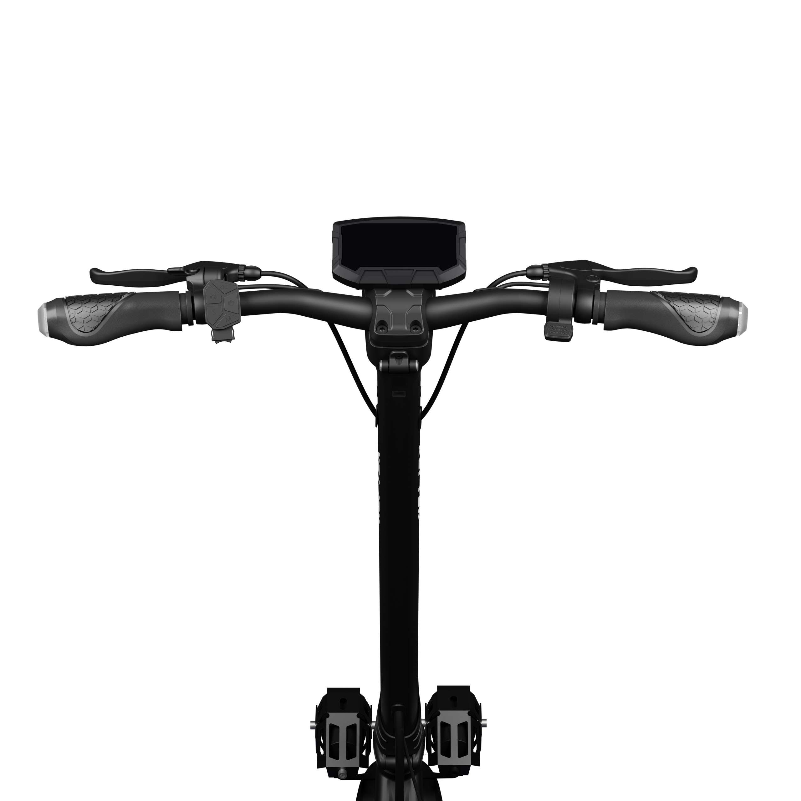 Czarna kierownica hulajnogi elektrycznej, wyświetlacz i uchwyty na białym tle. Zawiera hamulce i przyciski sterowania.