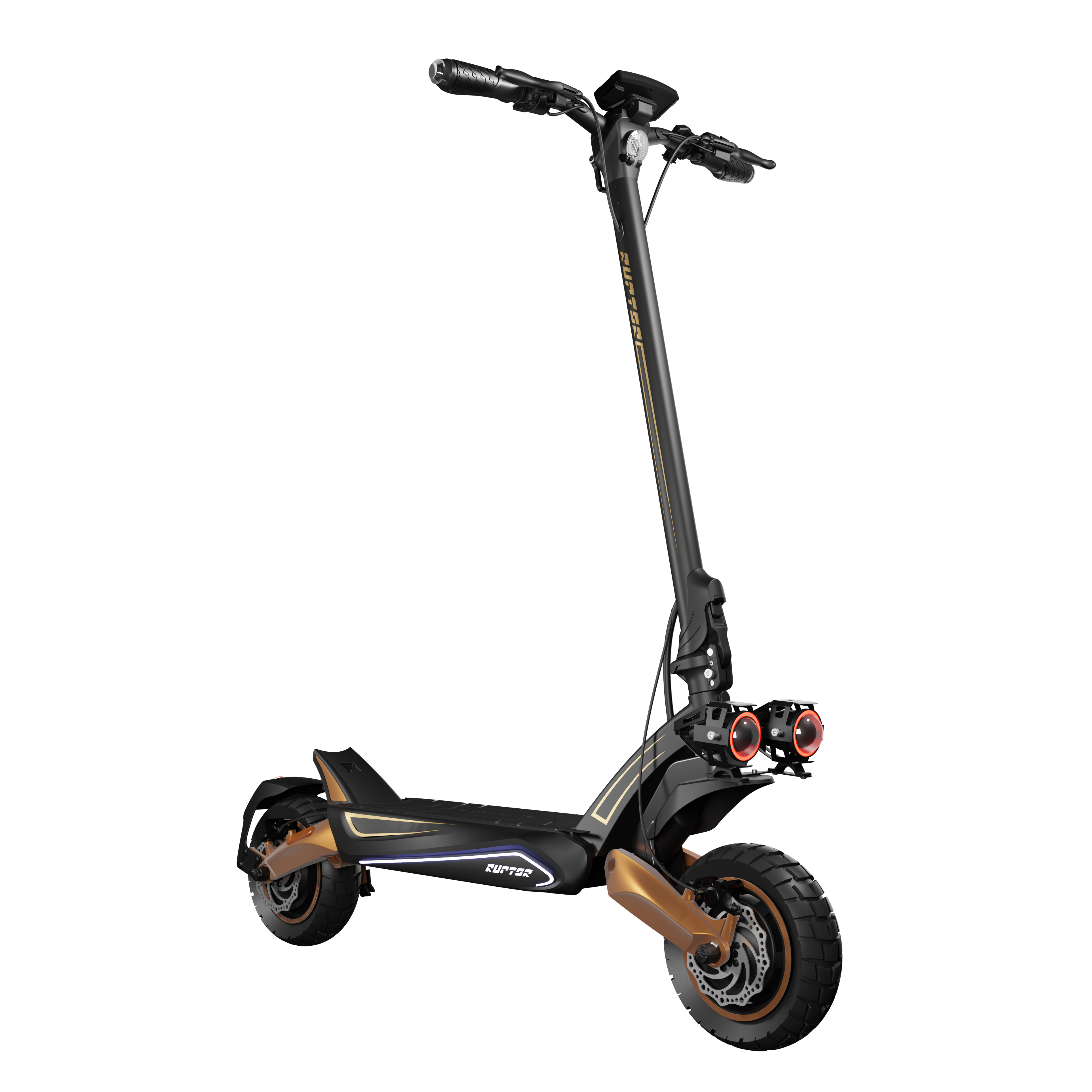 Czarno-złota hulajnoga elektryczna na czarnym tle. Ma dwa reflektory i wyświetlacz.