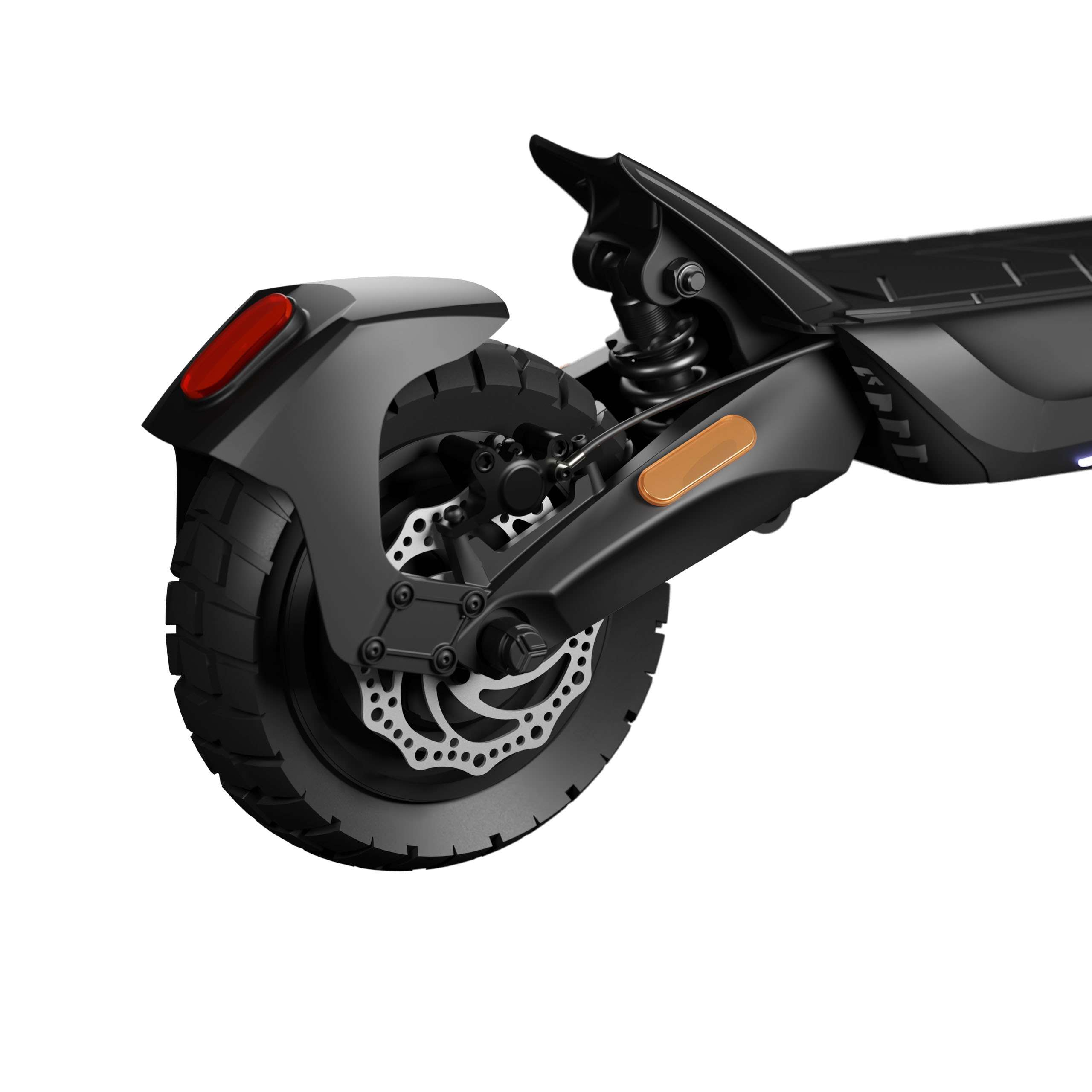 Czarny koło hulajnogi elektrycznej z czerwonym odblaskiem i hamulcem tarczowym. Opona jest czarna, a tło białe.