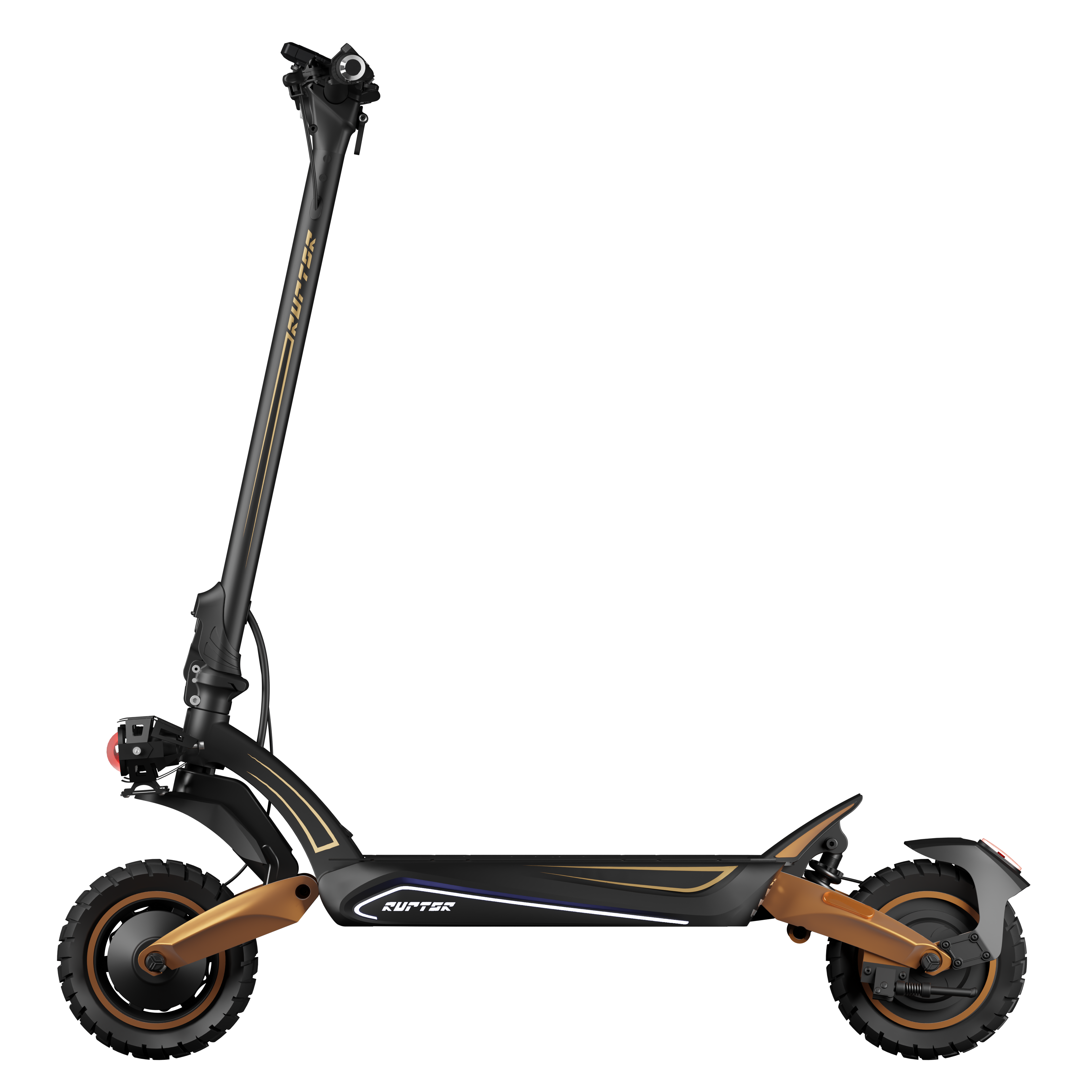 Czarno-złota hulajnoga elektryczna z dużymi kołami, reflektorem i marką 'KUKTER'.