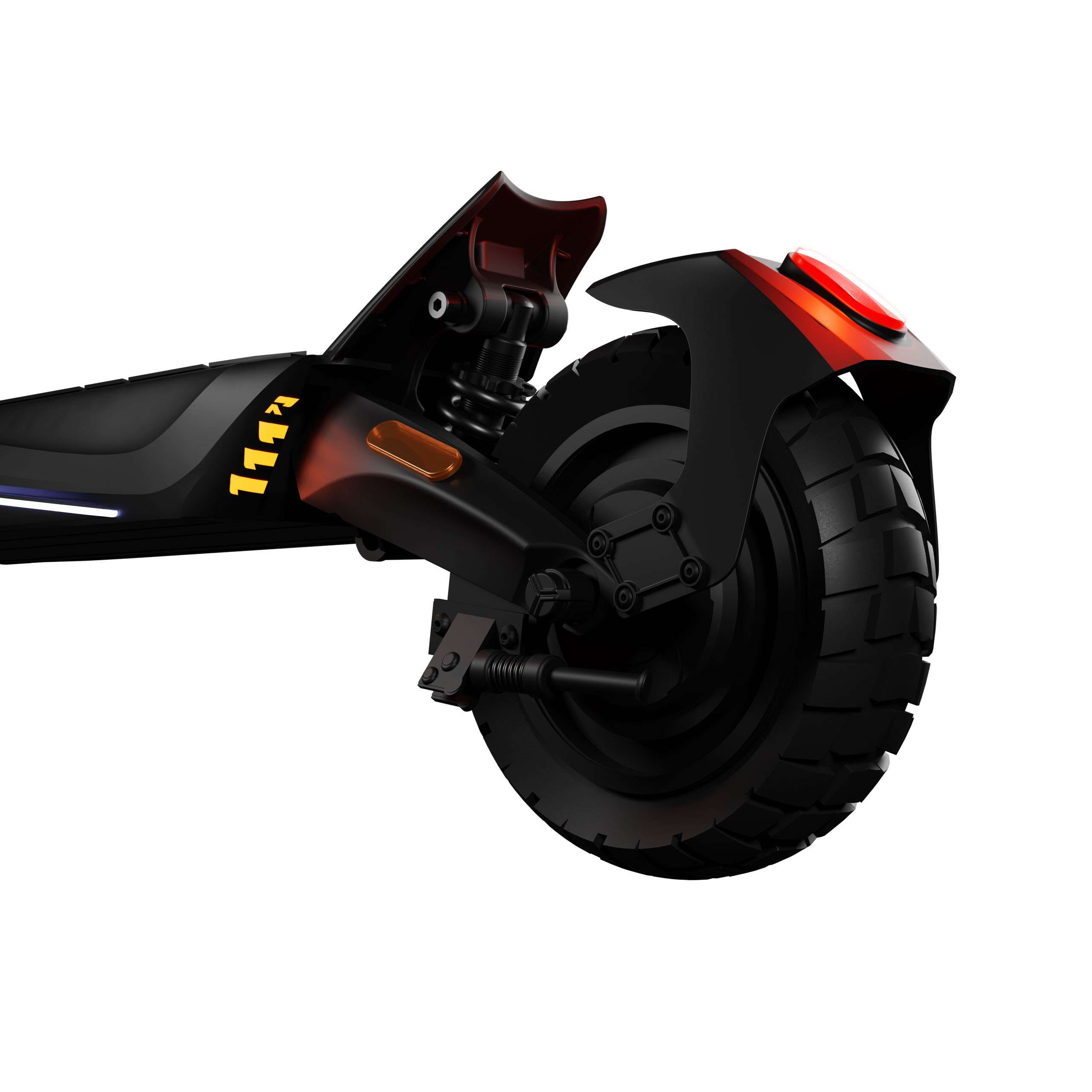 Szczegół czarnej hulajnogi elektrycznej, pokazujący tylne koło z czerwonym światłem, czarny błotnik i zawieszenie.