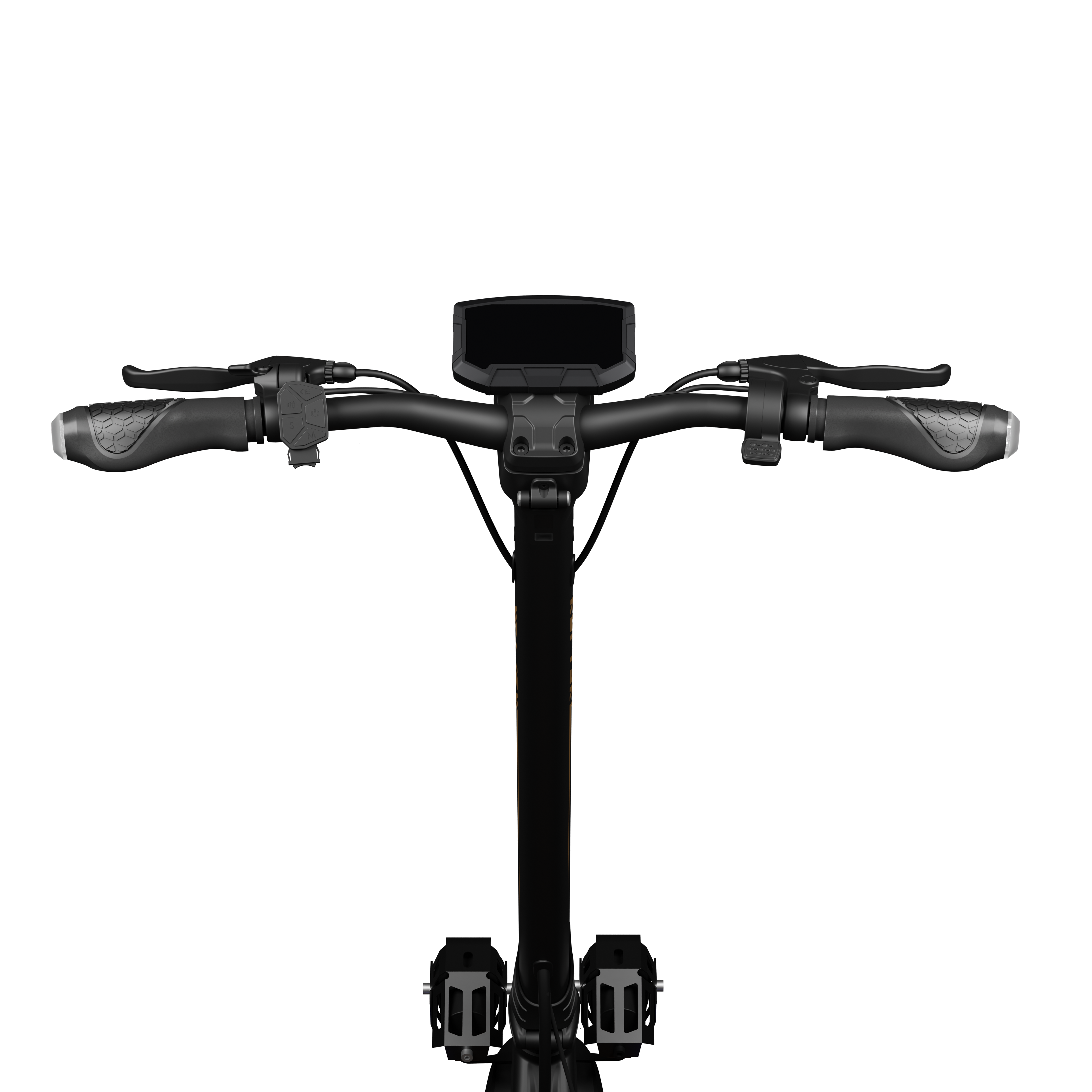 Zbliżenie czarnej kierownicy hulajnogi elektrycznej z wyświetlaczem, uchwytami i dźwigniami na czarnym tle.