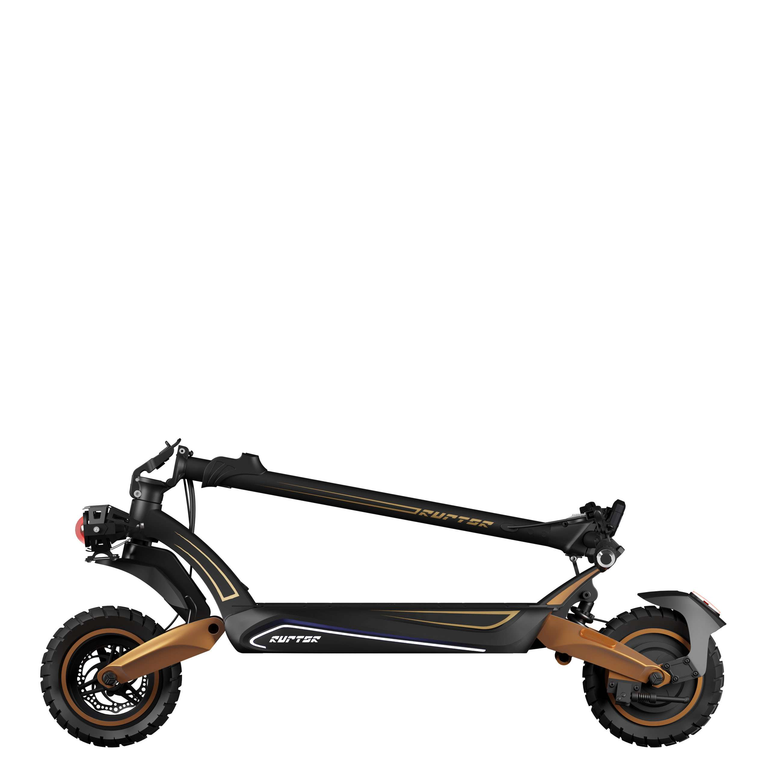 Czarno-złota hulajnoga elektryczna na białym tle. Ma dwa koła i kierownicę. Marka jest widoczna.