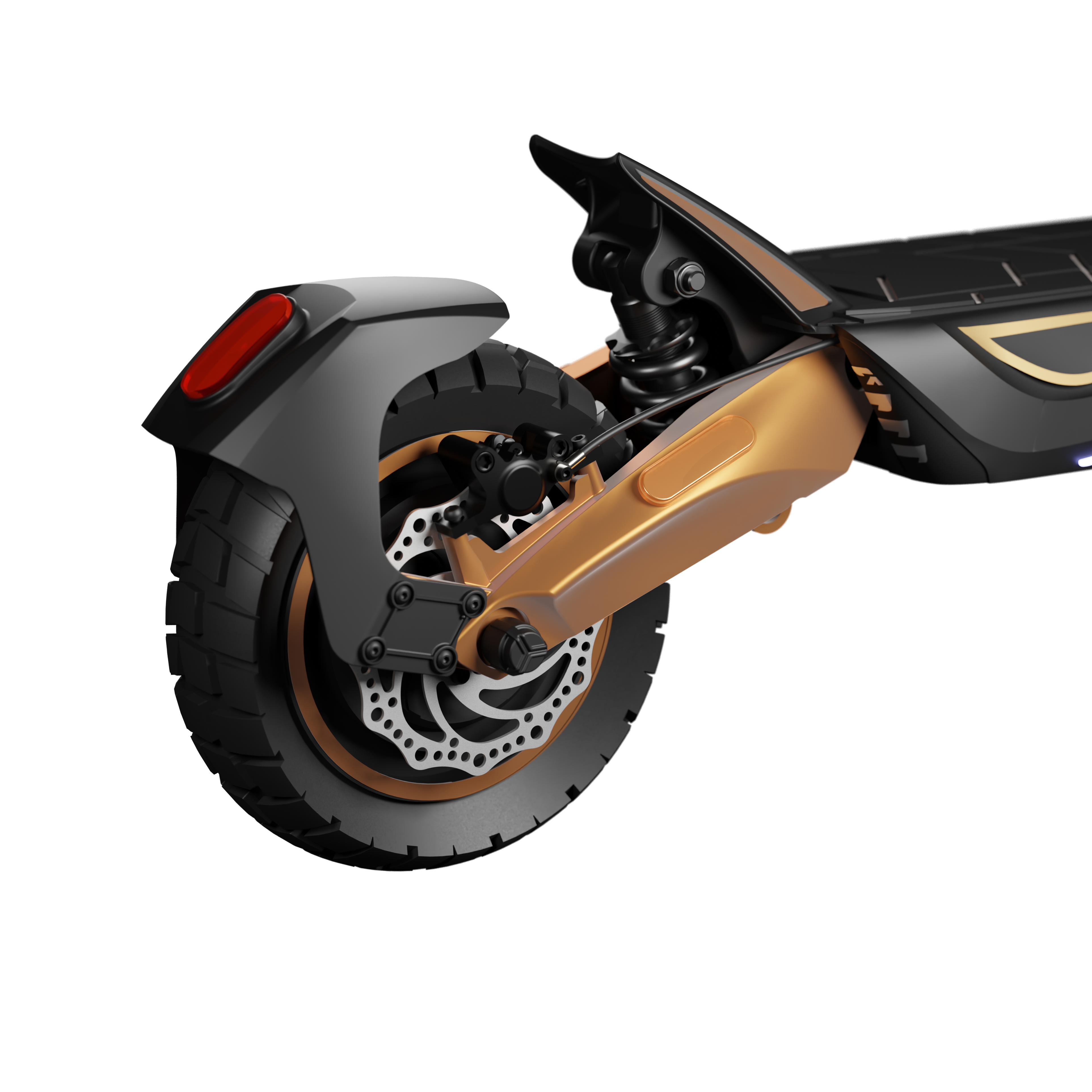Zbliżenie tylnego koła hulajnogi elektrycznej. Czarna opona, złote akcenty, czerwone światło, hamulec tarczowy.