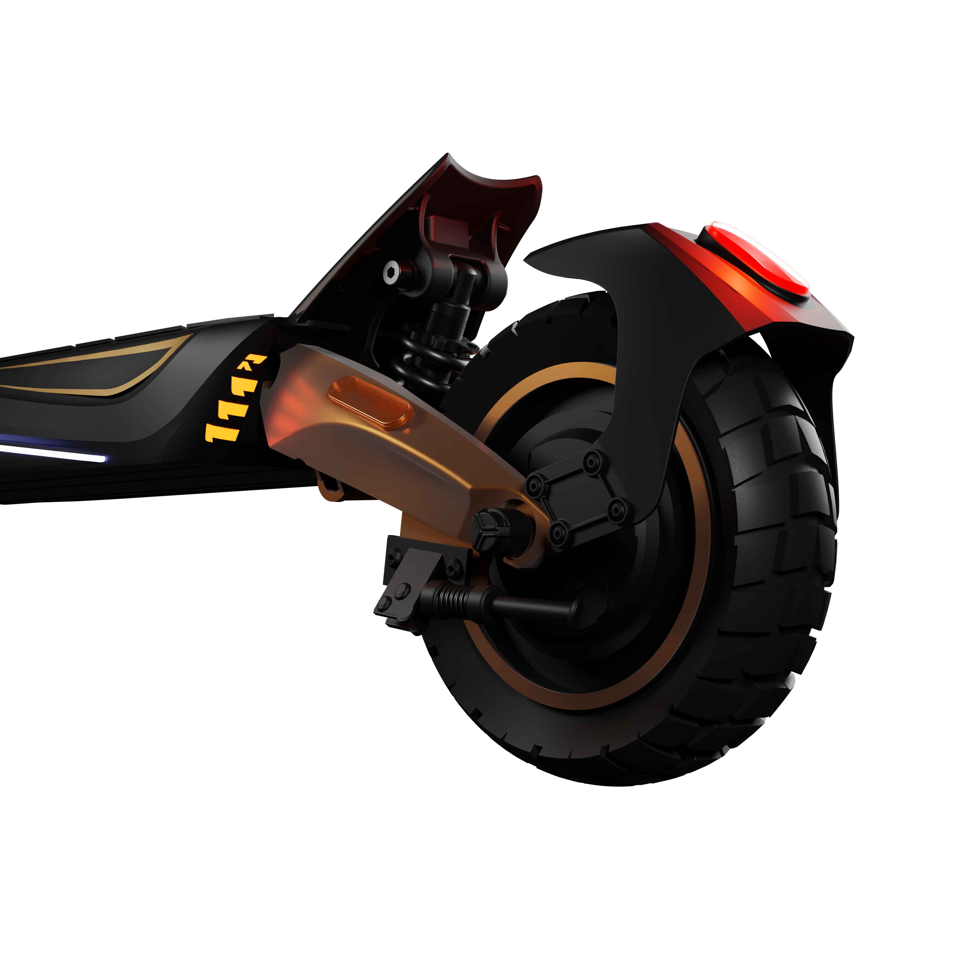 Zbliżenie tylnego koła skutera elektrycznego. Czarna opona ze złotą obręczą. Czerwone światło tylne, czarny korpus i czarne tło.