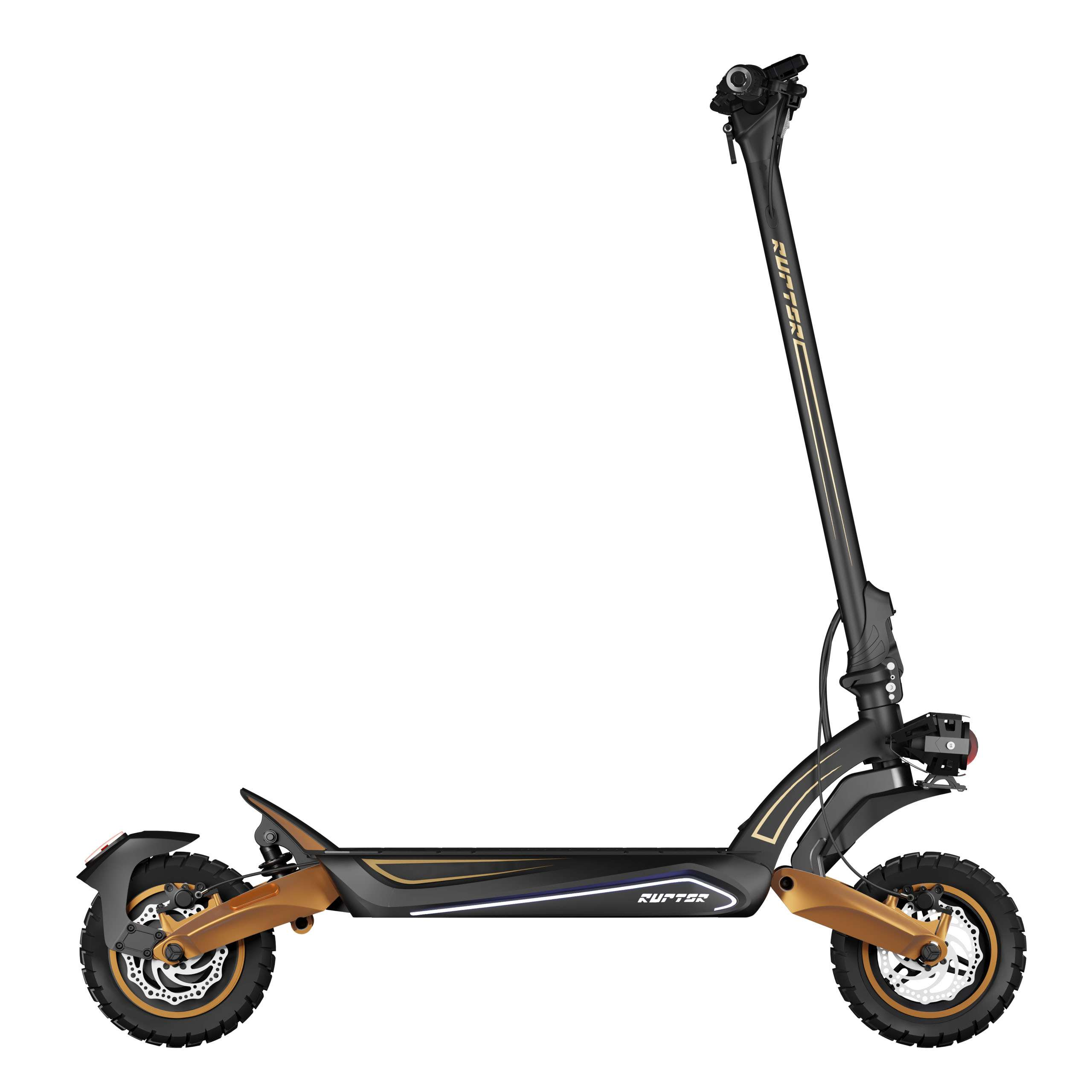 Czarno-złota hulajnoga elektryczna. Ma dwa koła i długą kolumnę kierownicy. Marka to Raptor.