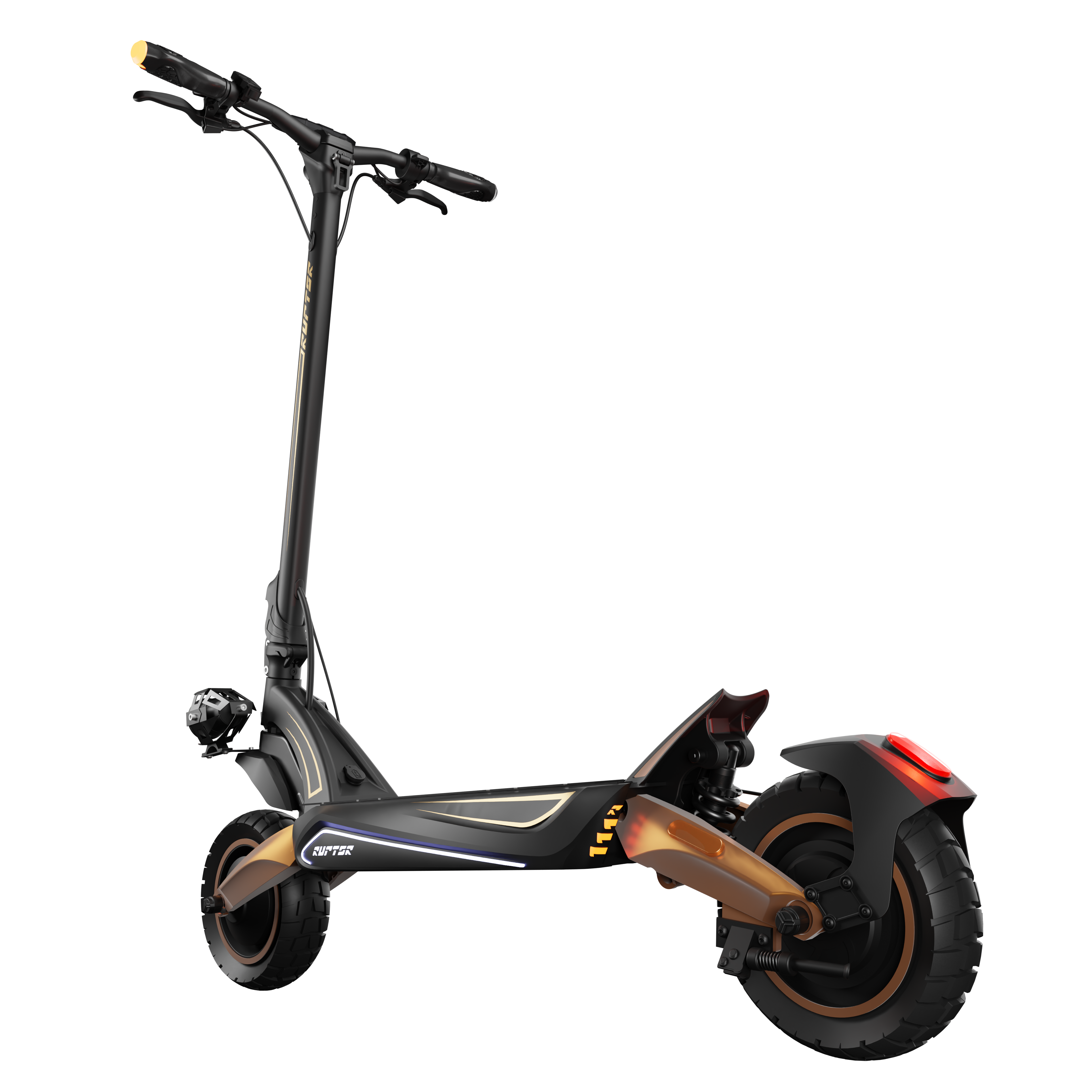 Czarno-złota hulajnoga elektryczna na czarnym tle. Ma reflektor, tylne światło i system zawieszenia.