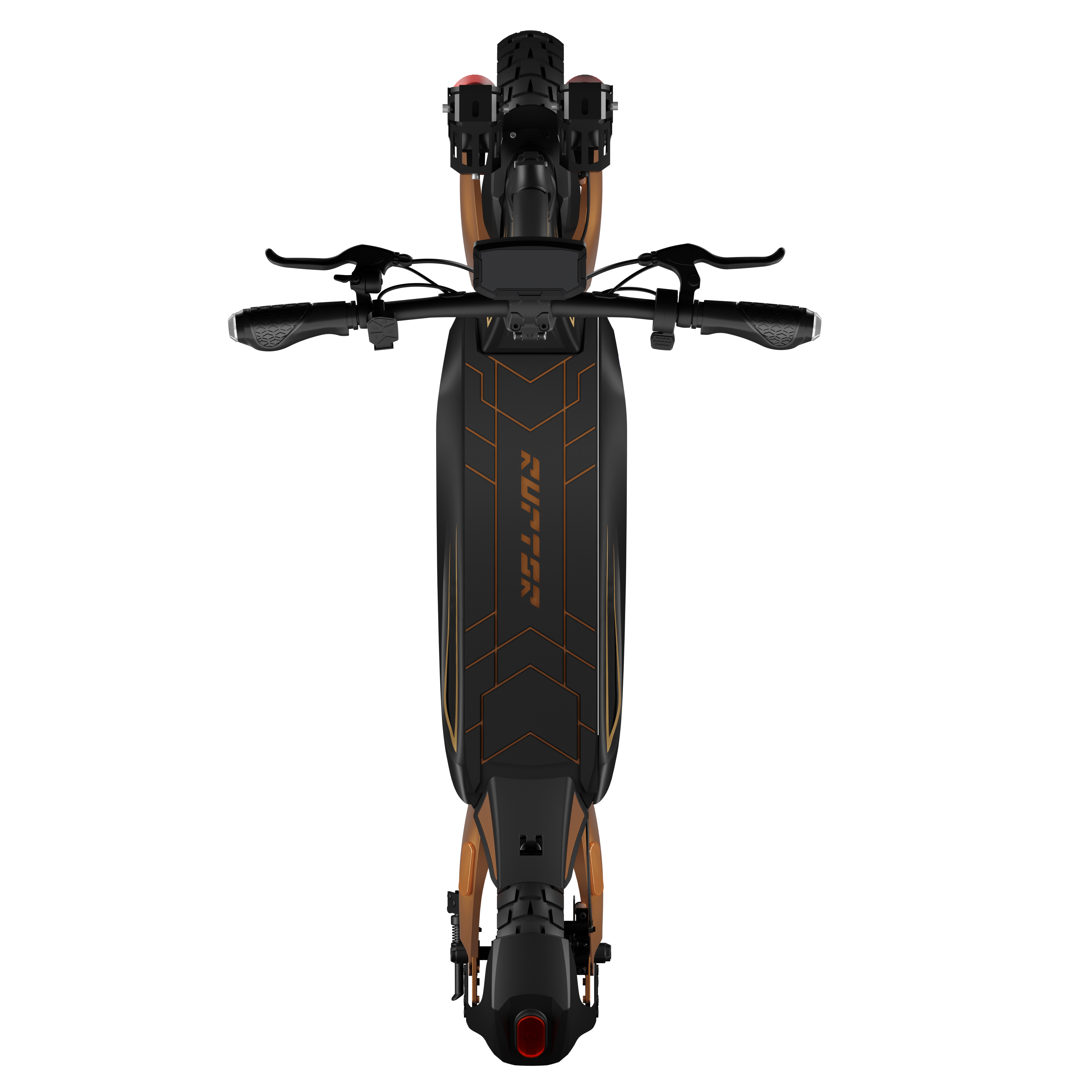 Widok z góry na hulajnogę elektryczną. Czarny i brązowy. Widoczna kierownica, wyświetlacz i światła.