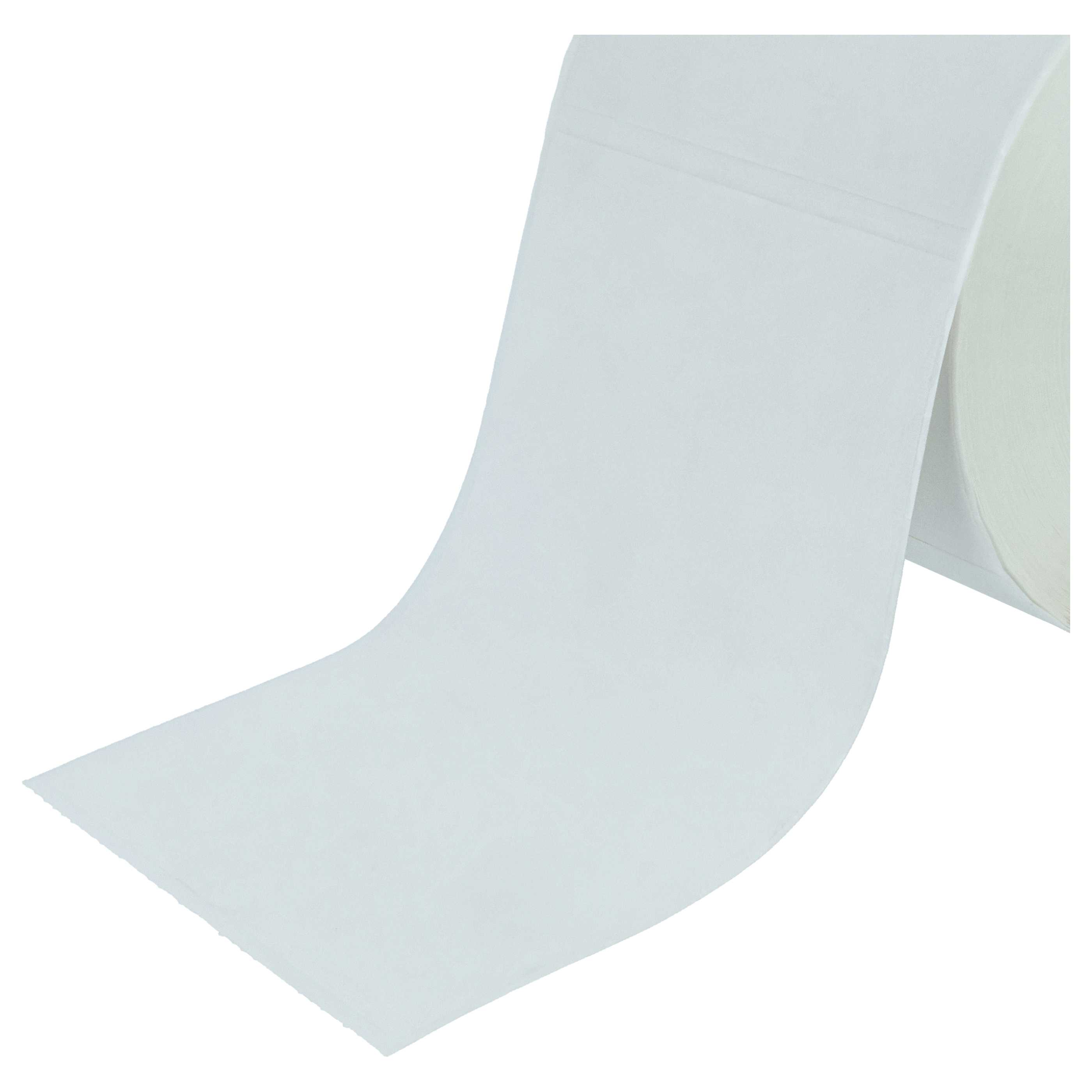 Eine Rolle weißes Papier, teilweise abgerollt, mit sichtbaren Schichten vor weißem Hintergrund.