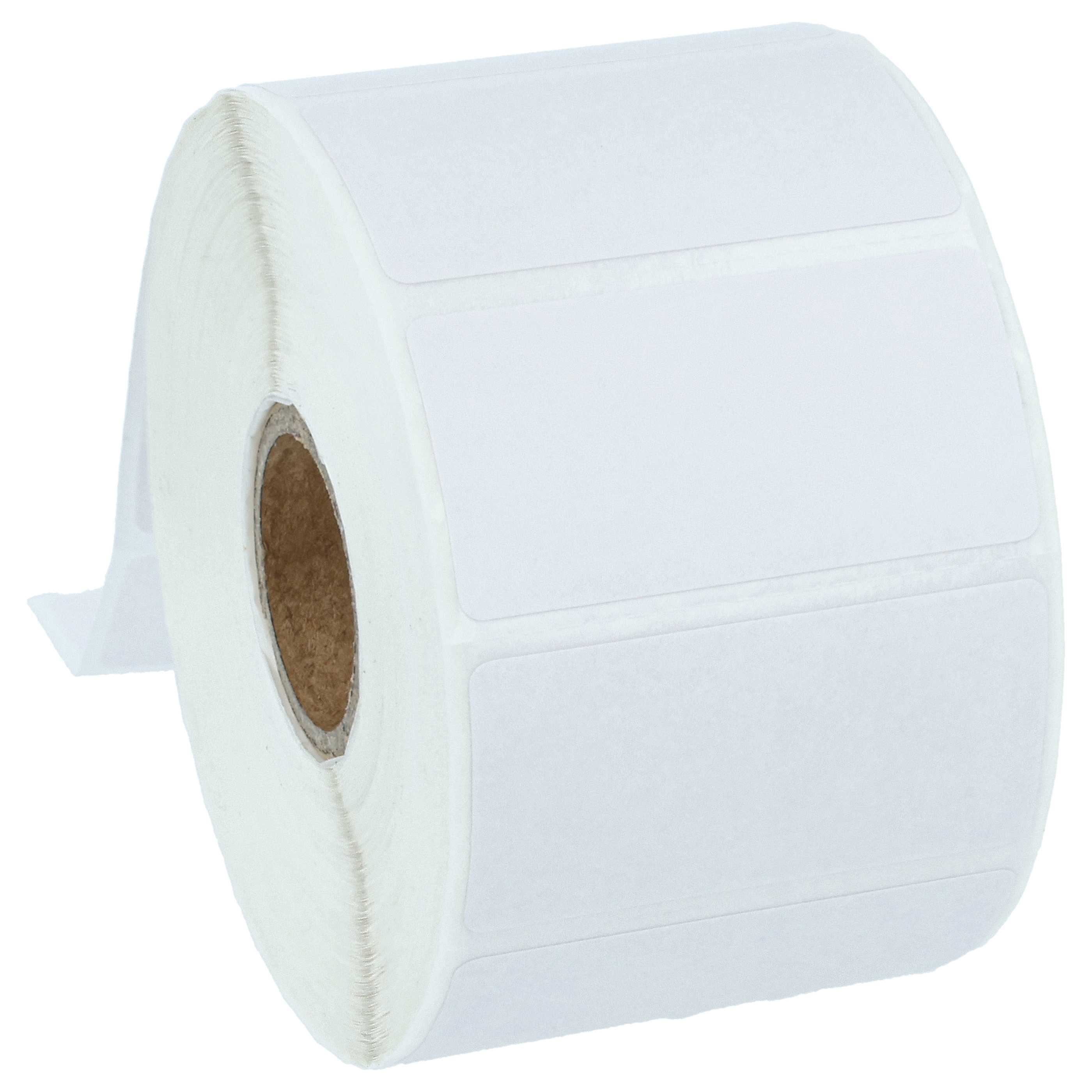 Eine Rolle weißer Etikettenaufkleber. Die Etiketten sind rechteckig und leer, bereit zum Bedrucken.