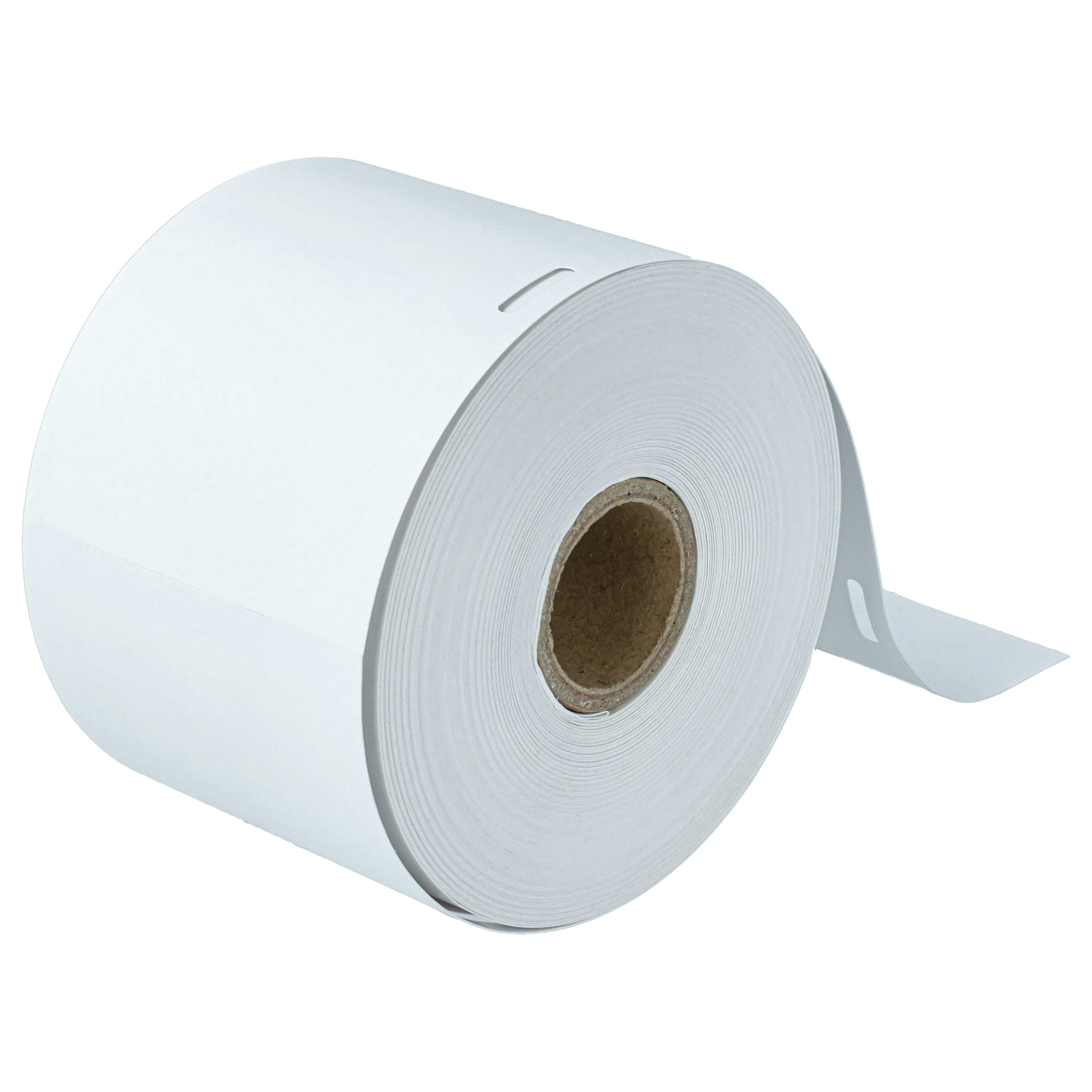 Eine Rolle weißes Thermopapier. Brauner Pappkern sichtbar. Ein kleines Stück Papier löst sich ab.