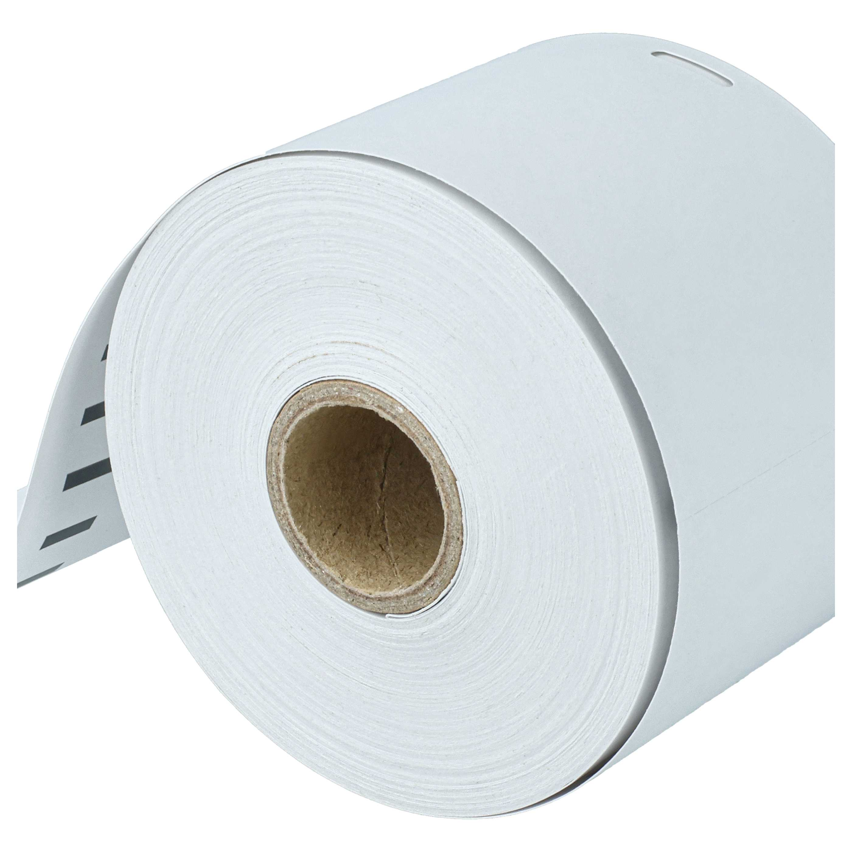 Eine Rolle weißes Papier mit Perforationen ist diagonal positioniert. Der Kern der Rolle ist braun, der Hintergrund ist weiß.