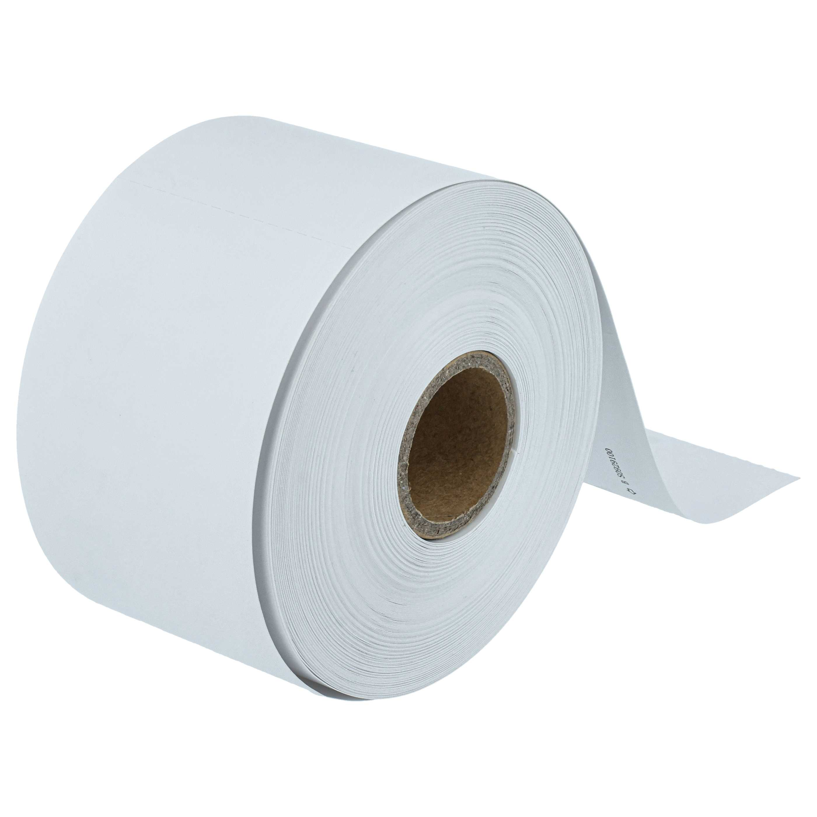 Eine Rolle weißes Kassenzettelpapier auf weißem Hintergrund. Das Papier ist teilweise abgerollt und einsatzbereit.
