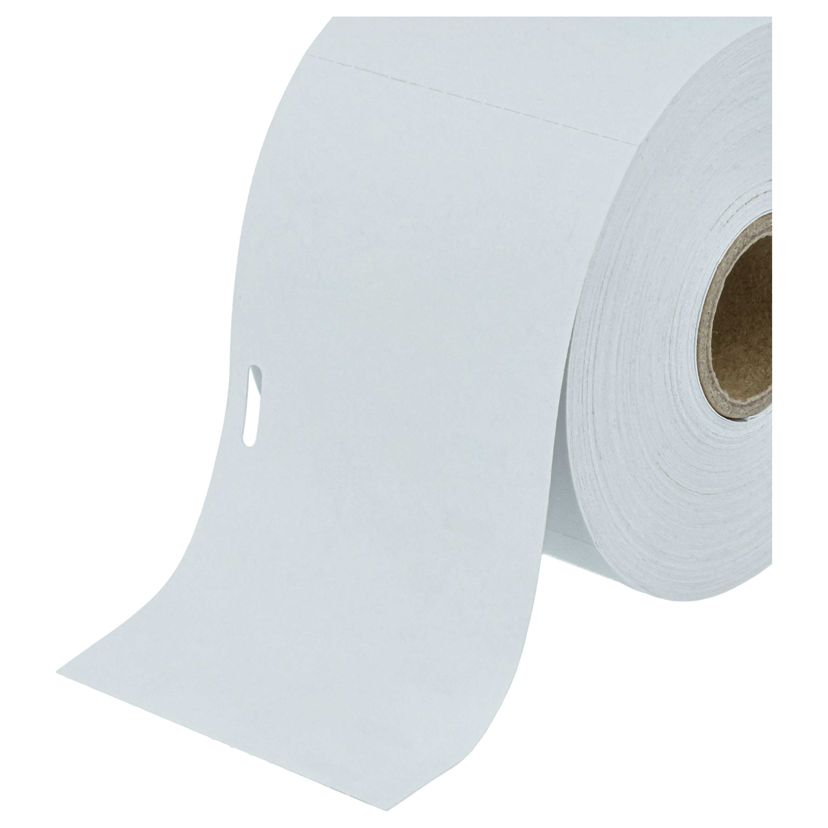 Eine Rolle weißes Papier mit Abreißkante. Das Papier ist leicht angewinkelt und zeigt die Lagen der Rolle.
