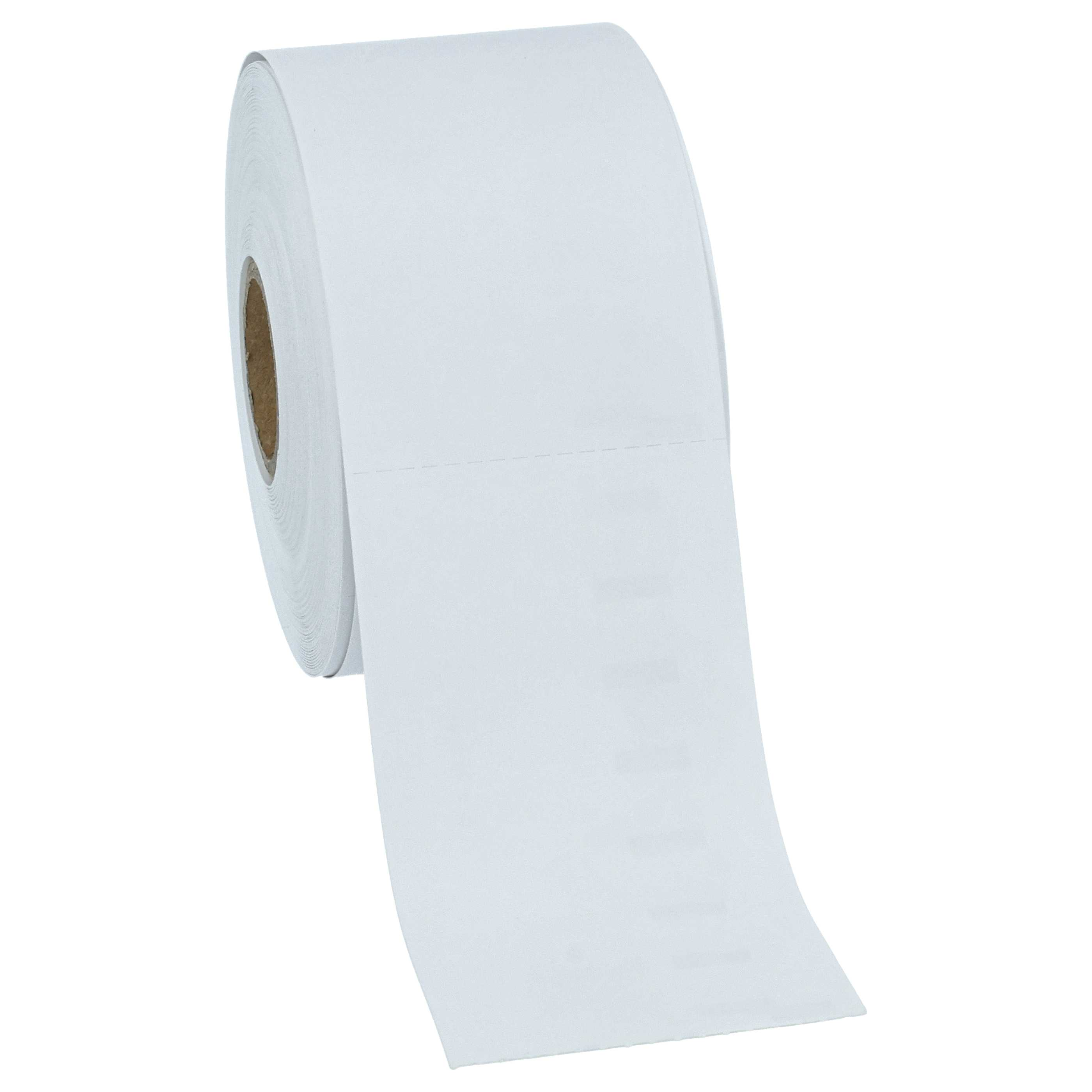 Eine Rolle weißes Papier wird nach rechts abgerollt. Der Kern der Rolle ist braun. Der Hintergrund ist weiß.