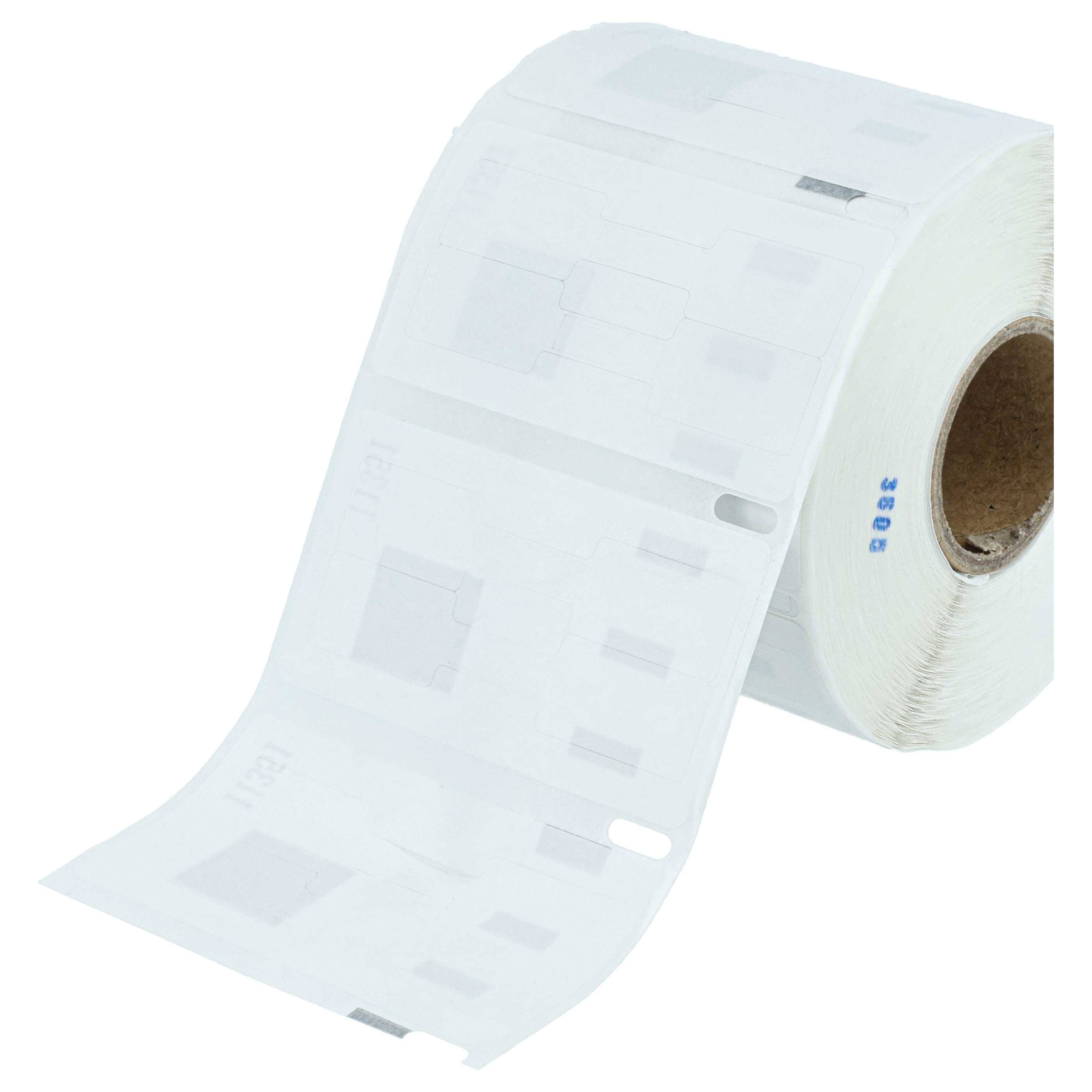 Eine Rolle weißer Etiketten mit Perforationen und Aufdrucken. Die Rolle befindet sich auf weißem Hintergrund.
